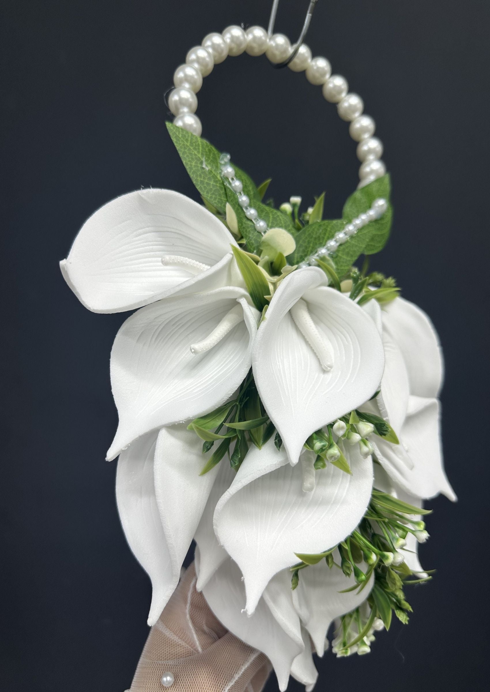 Pearl Bridal Hoop Bouquet, White Calla Lily Wedding Bouquet