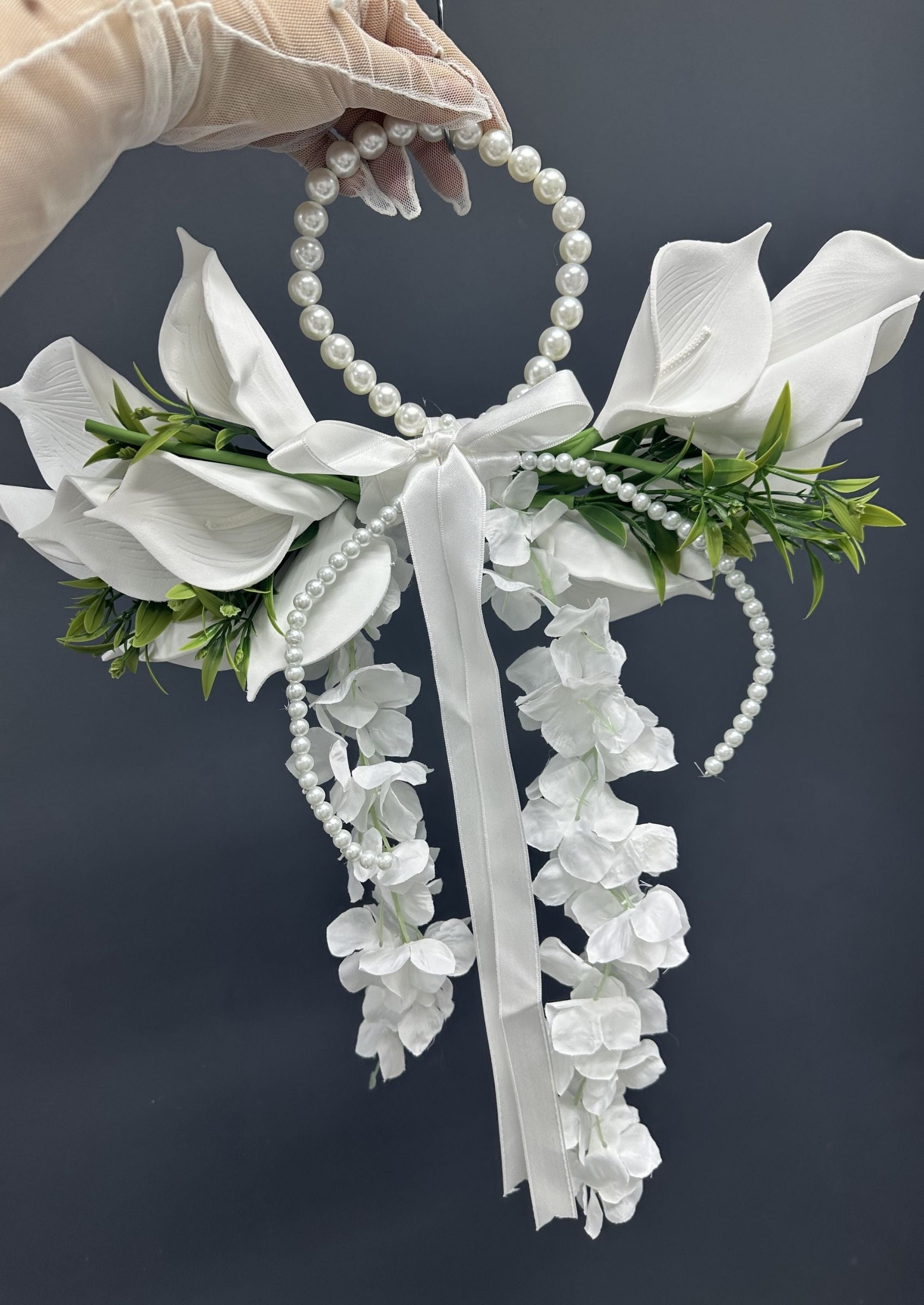Pearl Bridal Hoop Bouquet, White Calla Lily Wedding Bouquet