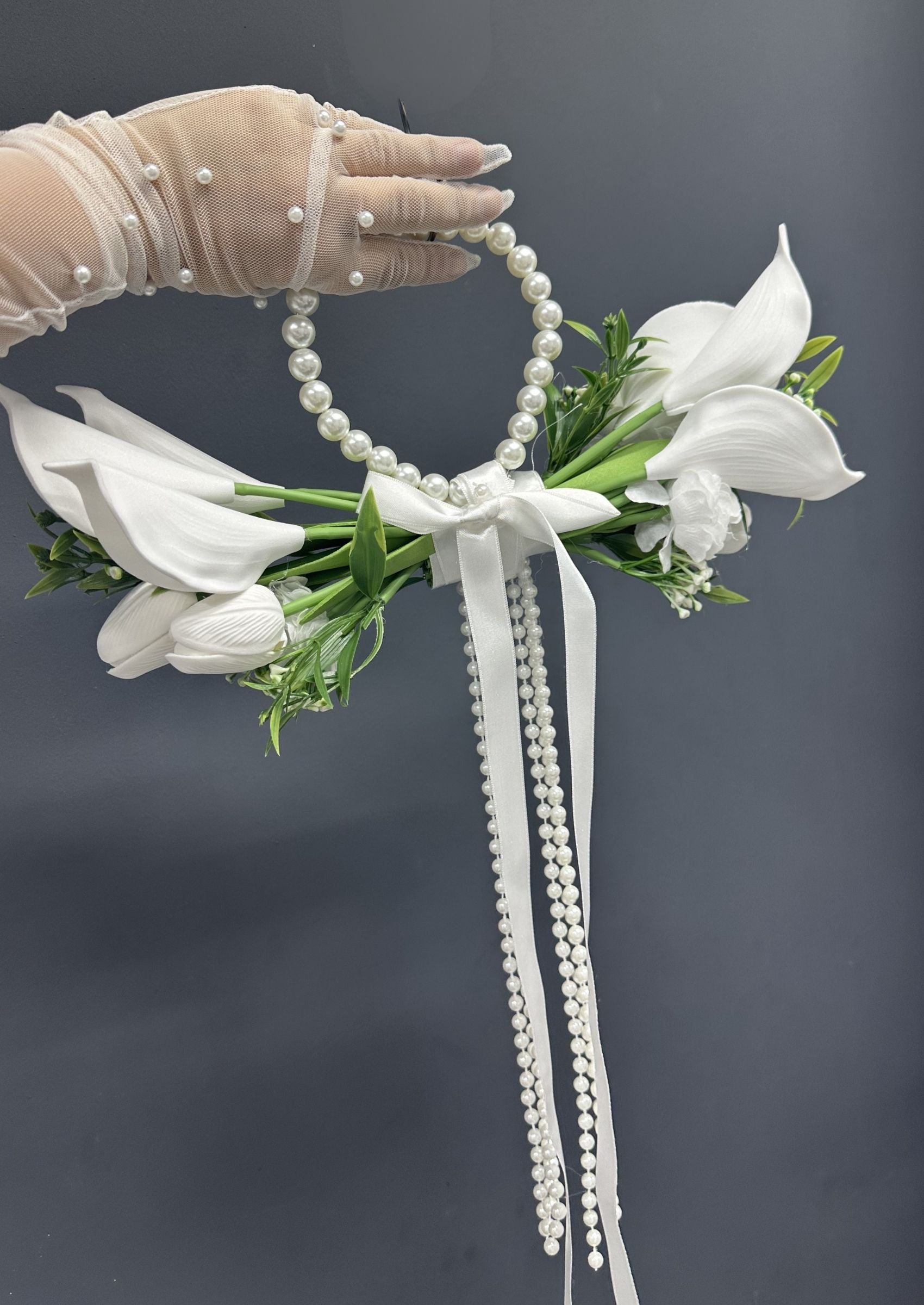 Pearl Bridal Hoop Bouquet, White Calla Lily Wedding Bouquet