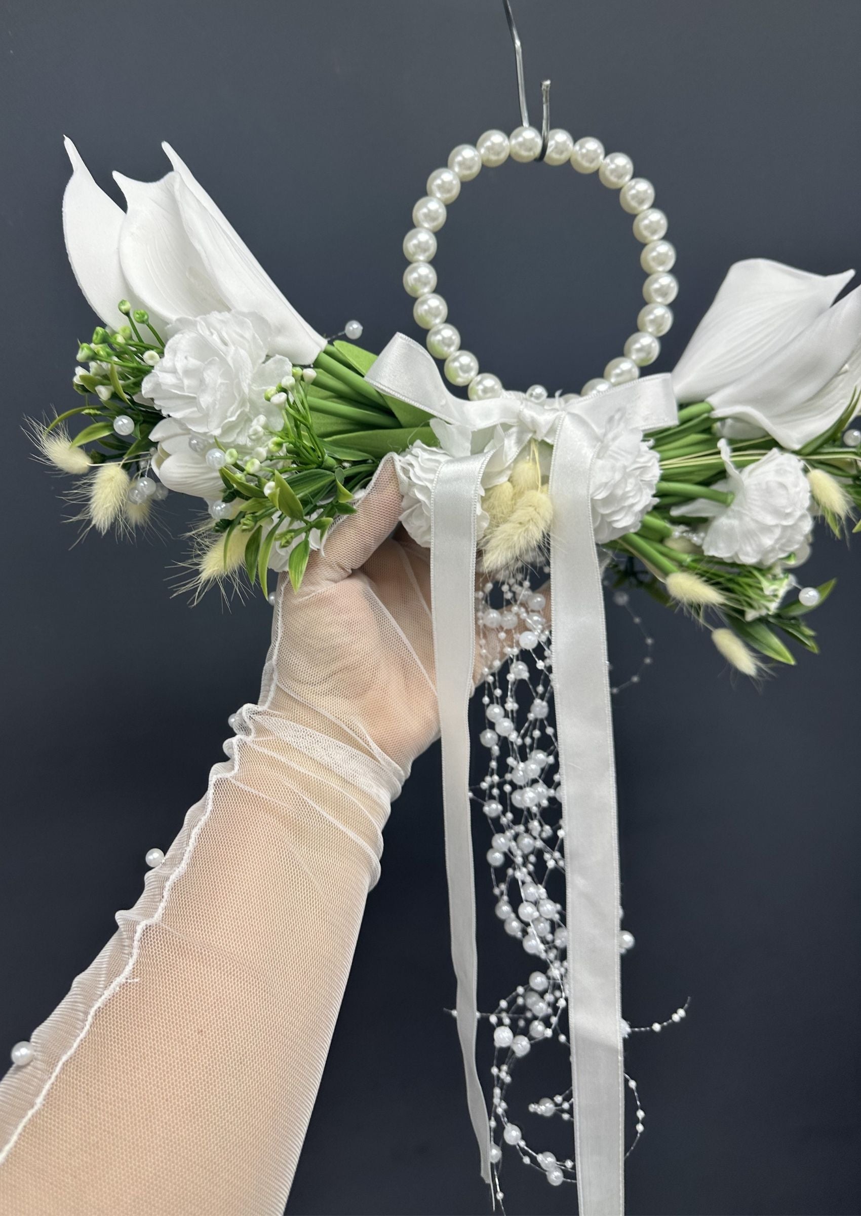 Pearl Bridal Hoop Bouquet, White Calla Lily Wedding Bouquet