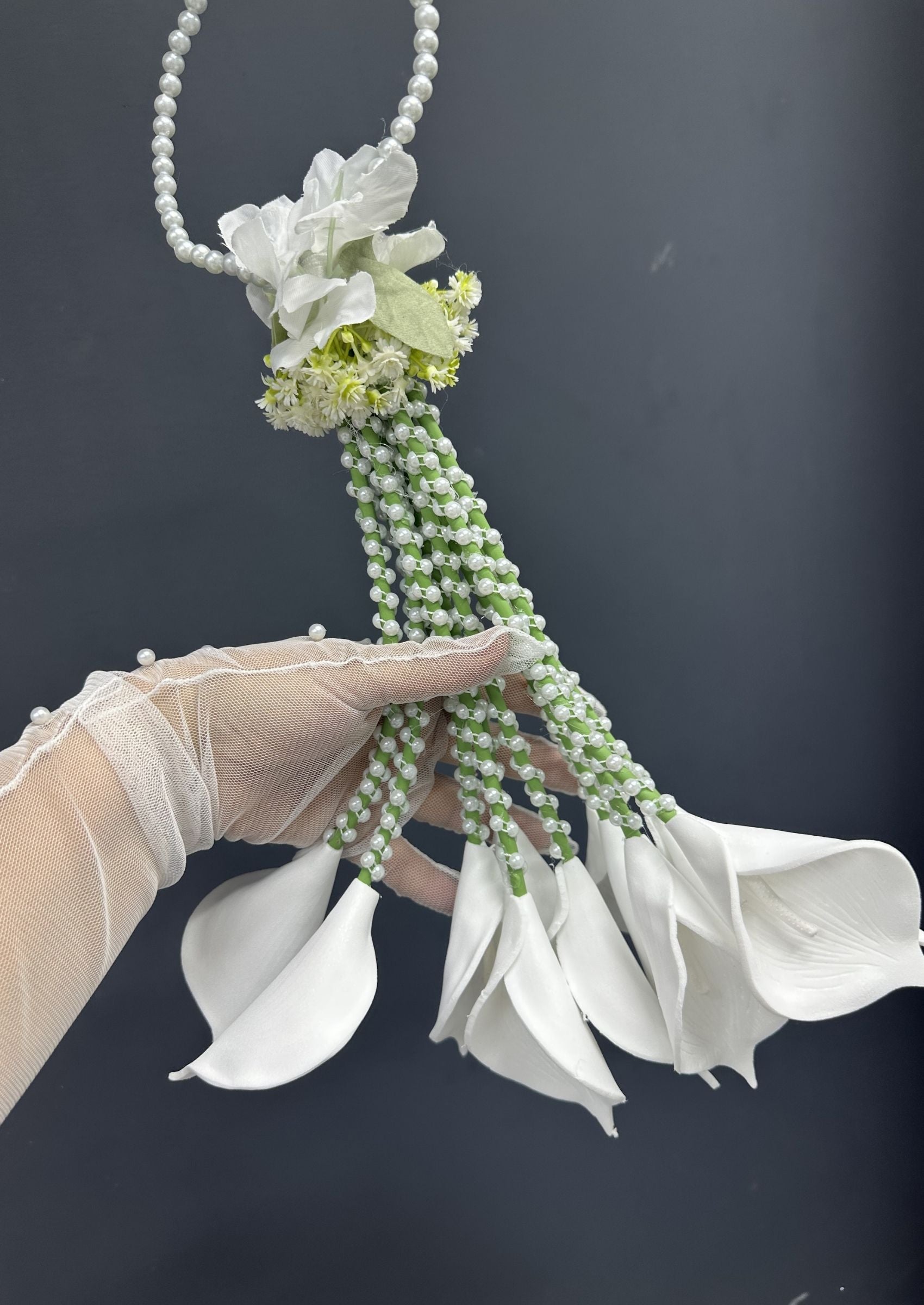 Cascading Calla Lily Bridal Bouquet, Pearl Hoop Wedding Bouquet