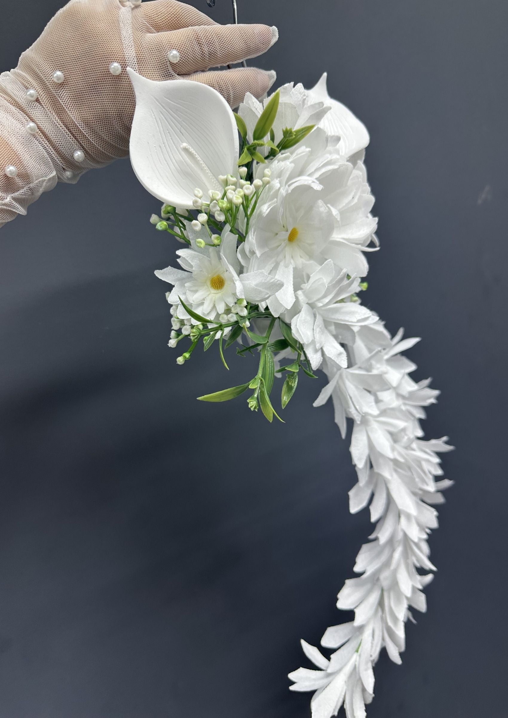 Cascading White Bridal Bouquet, Pearl Hoop Wedding Bouquet
