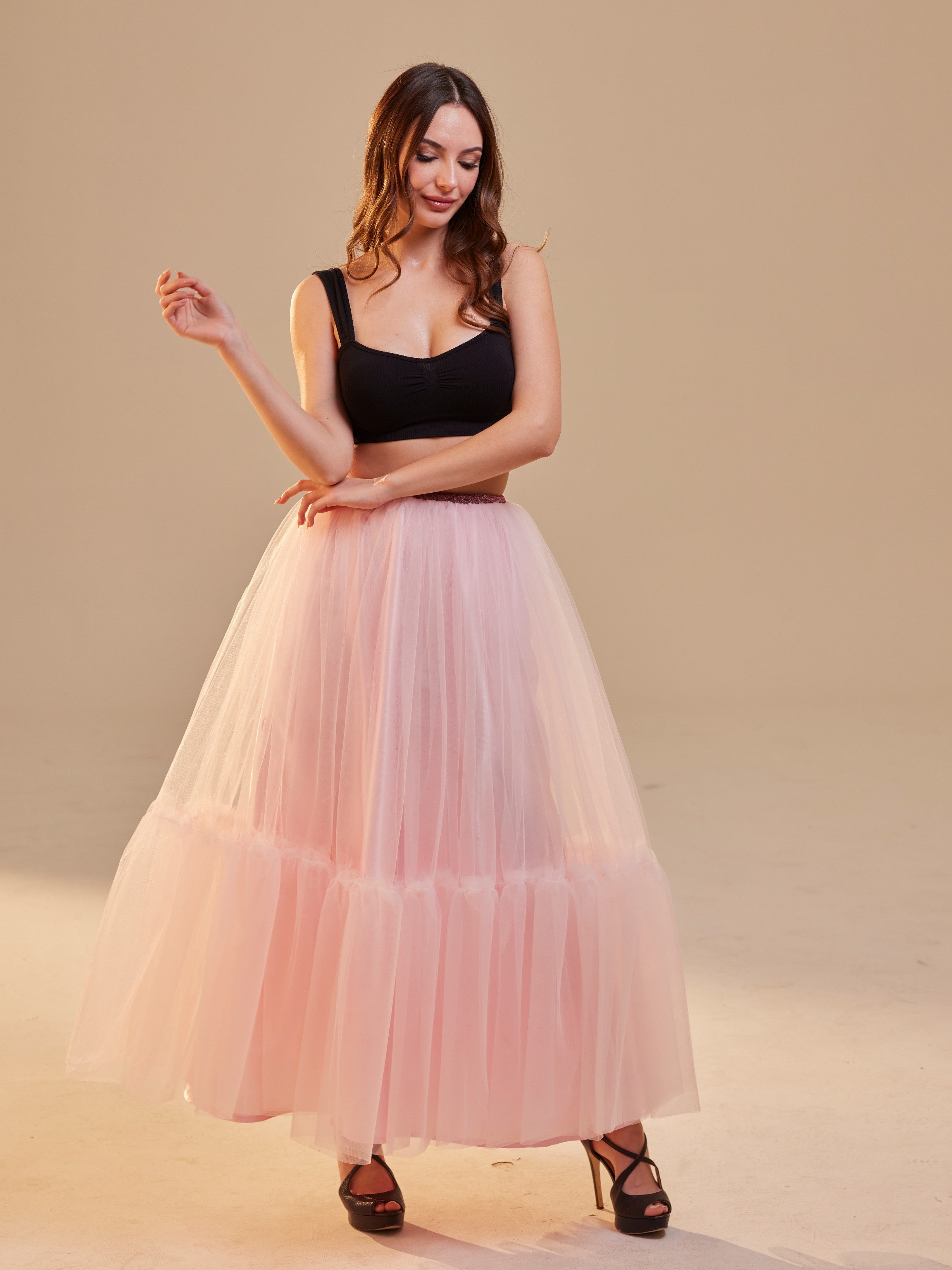 Pink Layered Tulle Skirt , Ruffled Maxi Skirt for Women, Long Tulle Skirt, Elegant Bridesmaid Skirt,