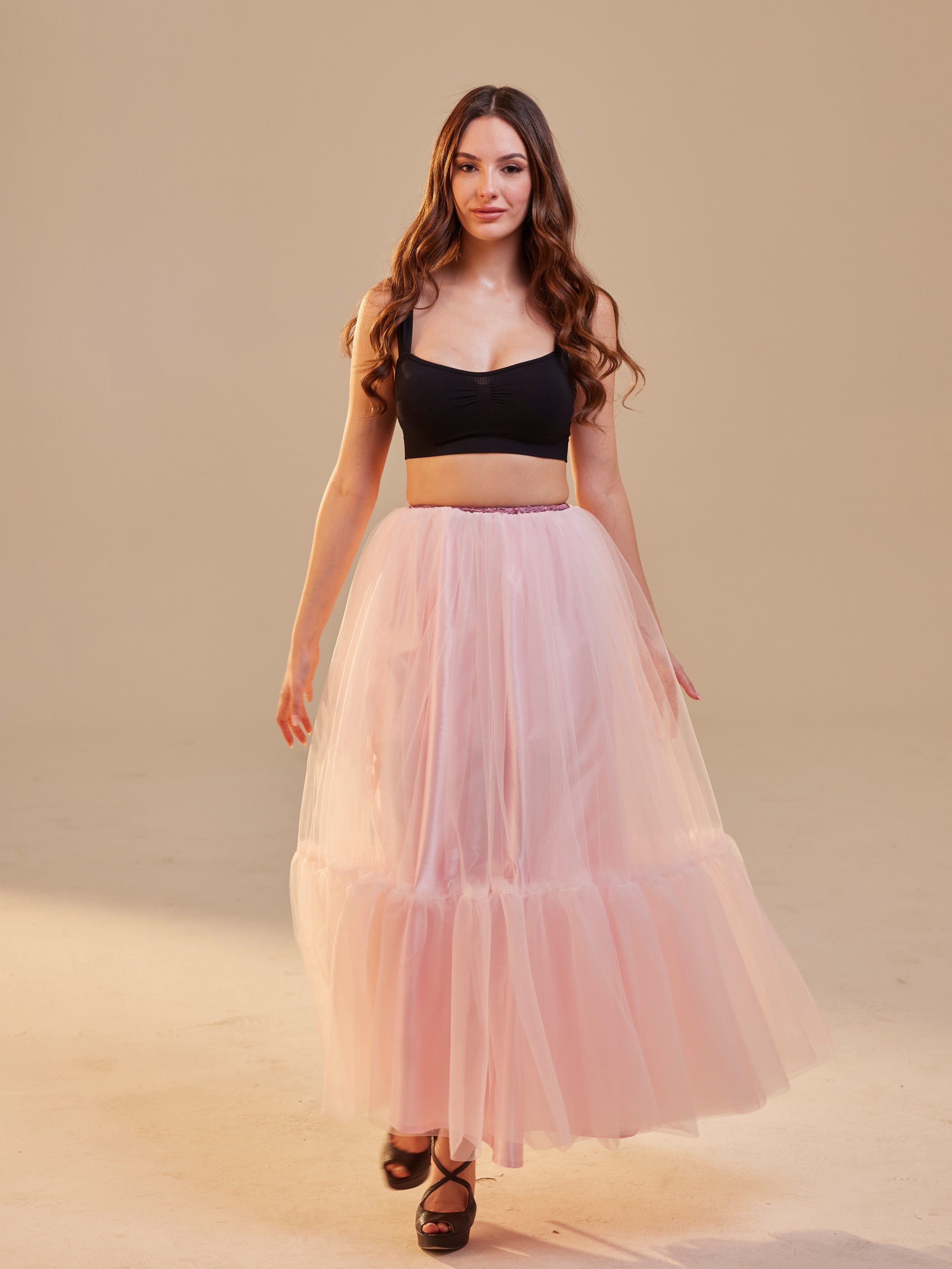 Pink Layered Tulle Skirt , Ruffled Maxi Skirt for Women, Long Tulle Skirt, Elegant Bridesmaid Skirt,