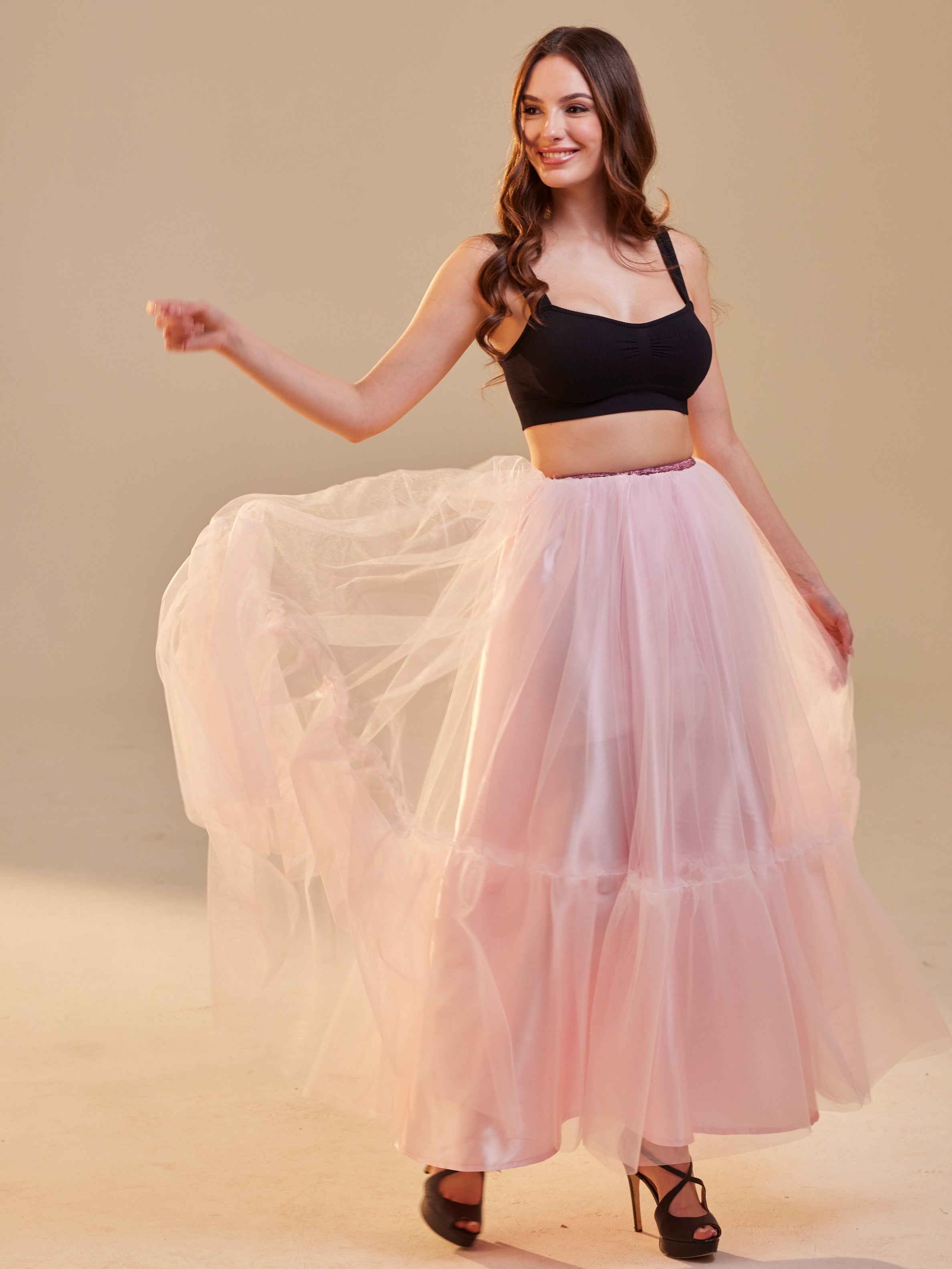 Pink Layered Tulle Skirt Ruffled Maxi Skirt for Women, Long