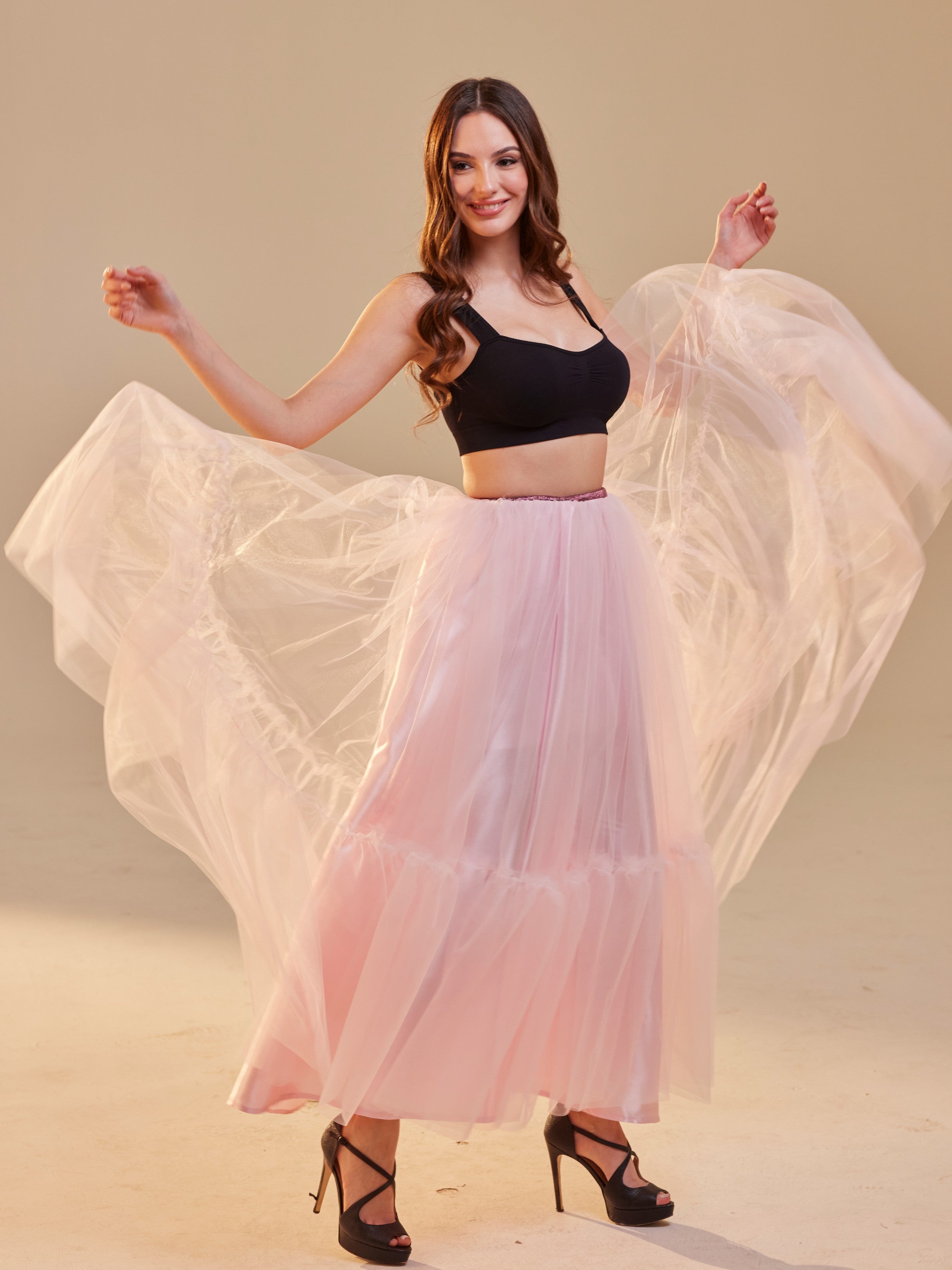 Pink Layered Tulle Skirt , Ruffled Maxi Skirt for Women, Long Tulle Skirt, Elegant Bridesmaid Skirt,