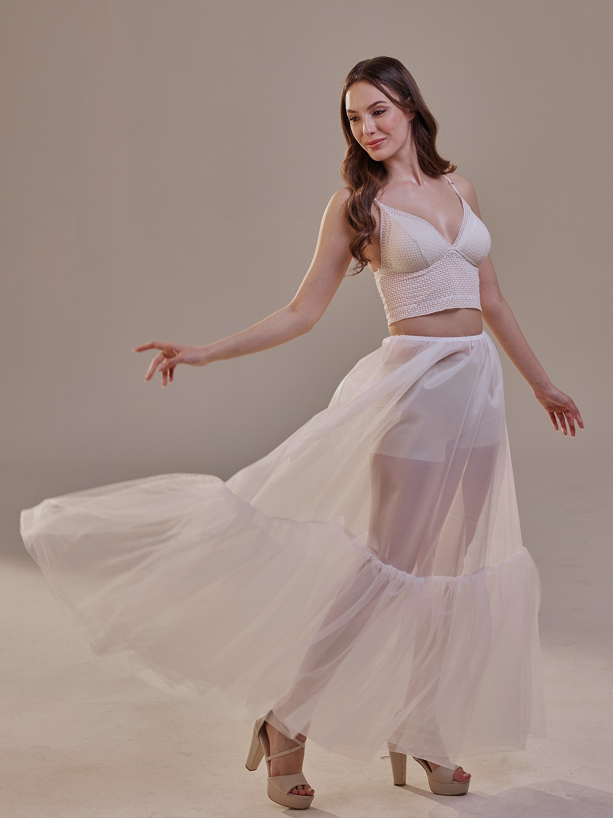 Soft Ruffled White Tulle Skirt , Sheer Maxi Skirt, Tulle Overskirt