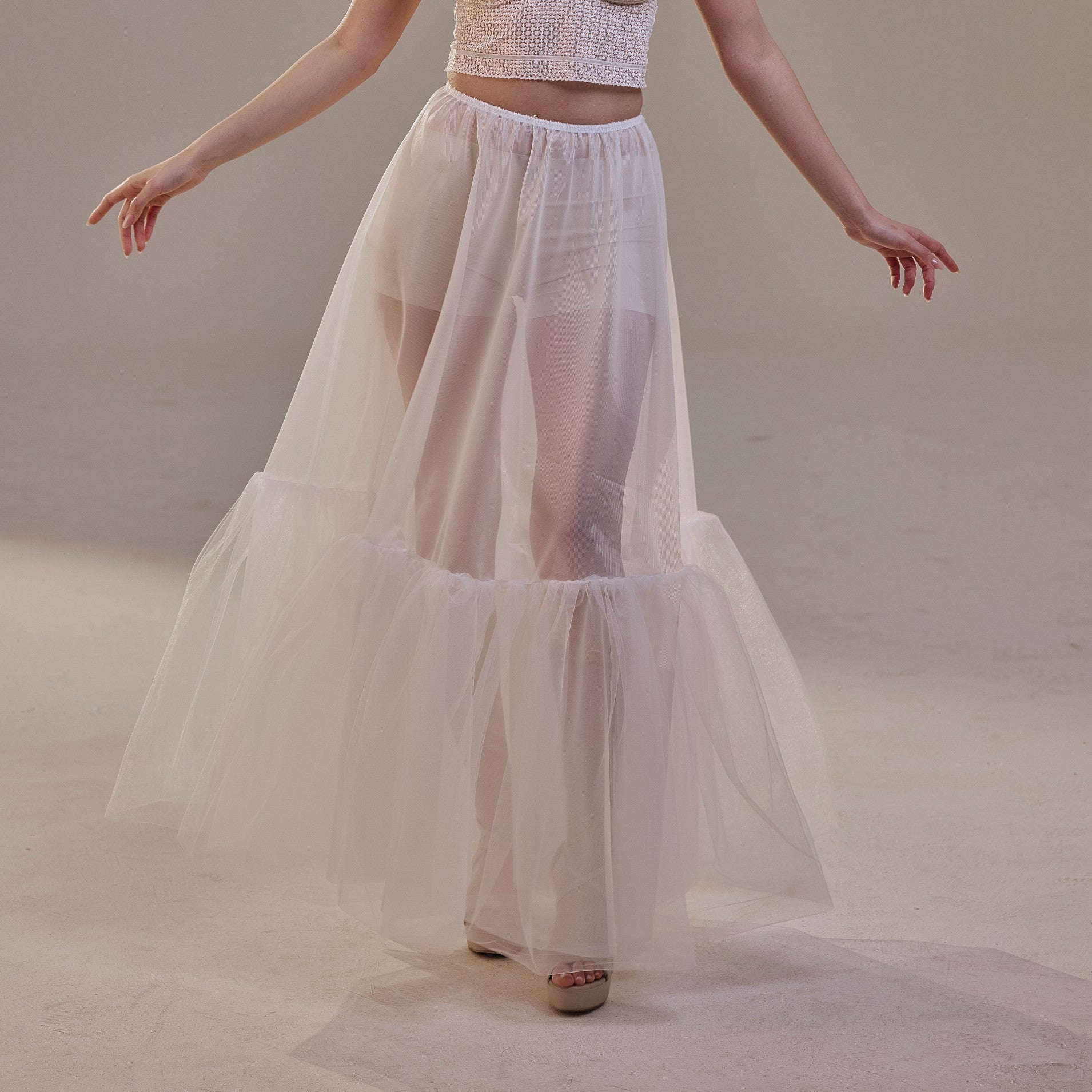 Soft Ruffled White Tulle Skirt , Sheer Maxi Skirt, Tulle Overskirt