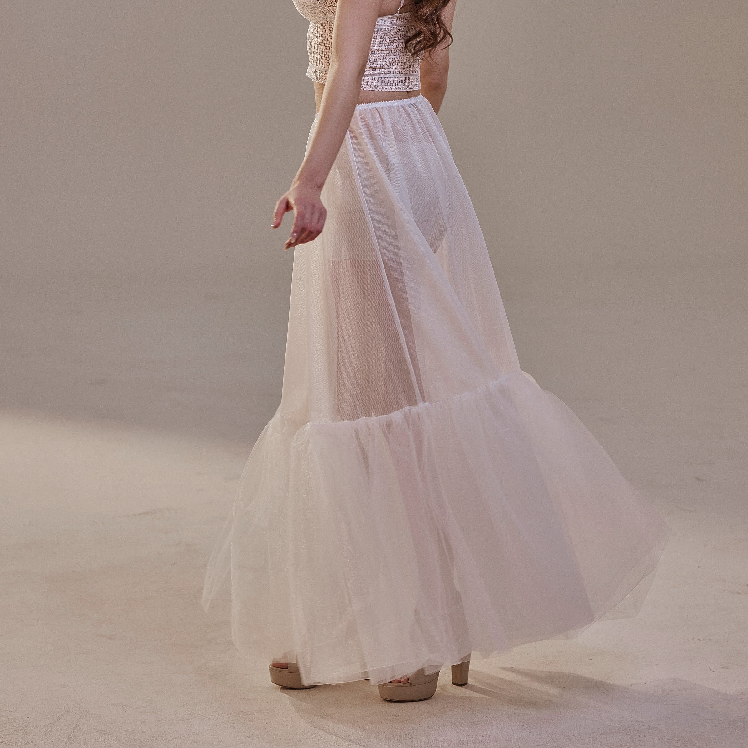 Soft Ruffled White Tulle Skirt , Sheer Maxi Skirt, Tulle Overskirt