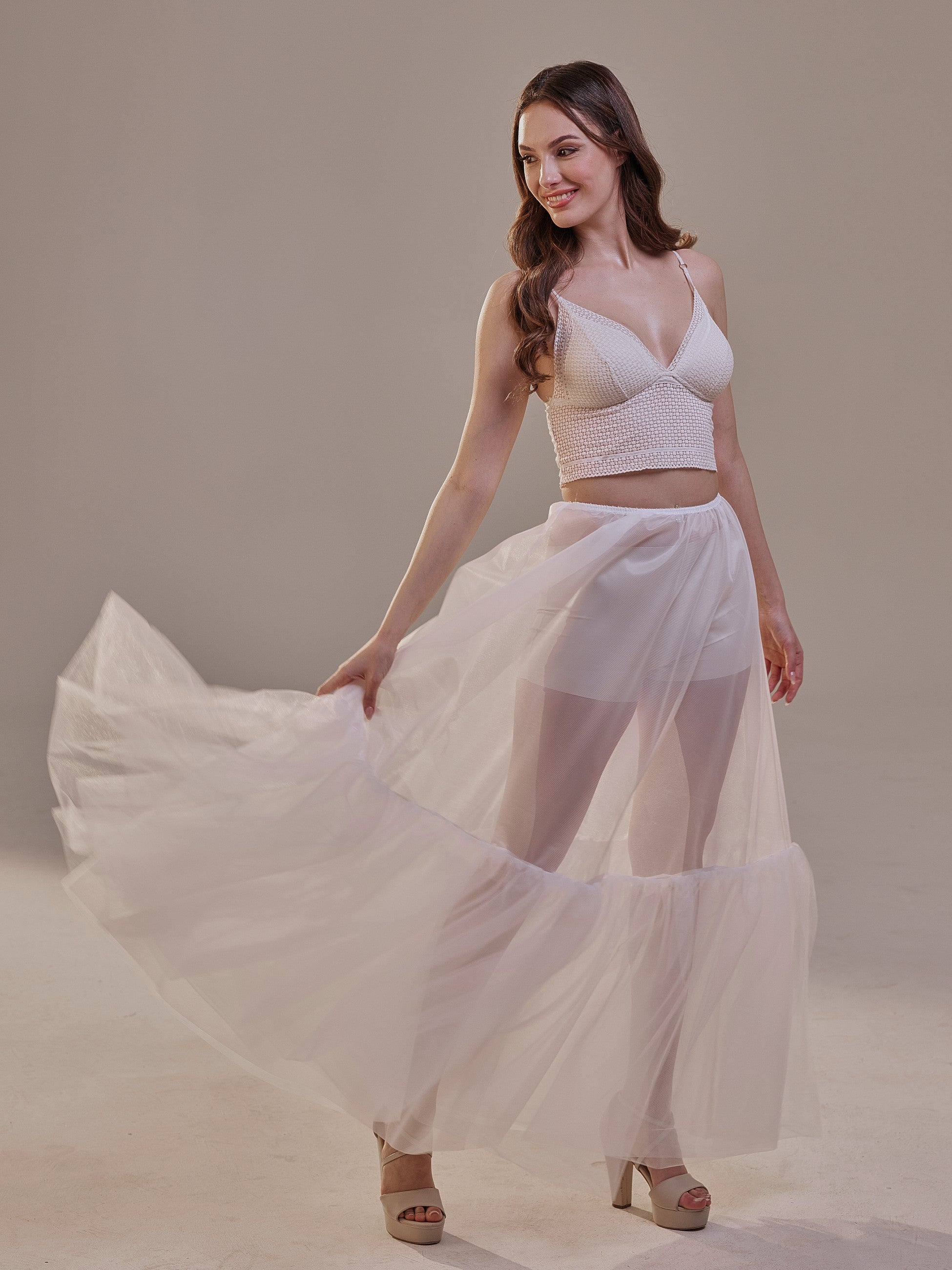 Soft Ruffled White Tulle Skirt , Sheer Maxi Skirt, Tulle Overskirt