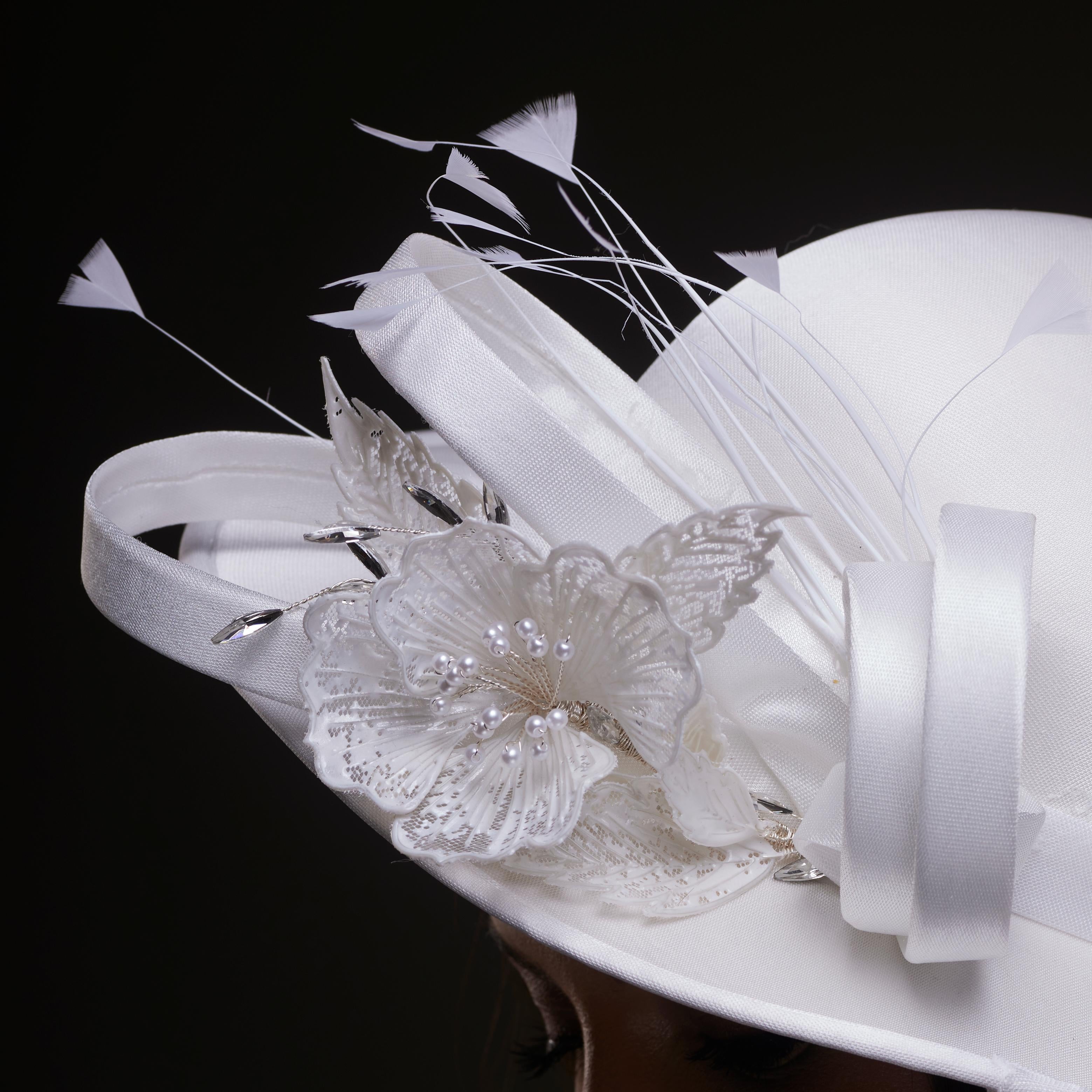 White Bridal Hat with Flower and Ribbon