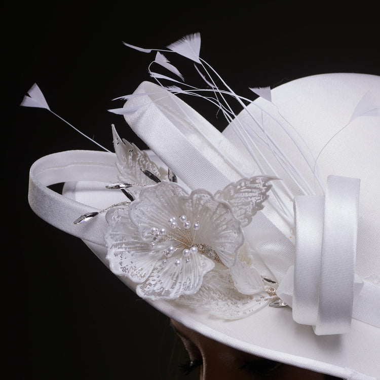 White Bridal Hat with Flower and Ribbon