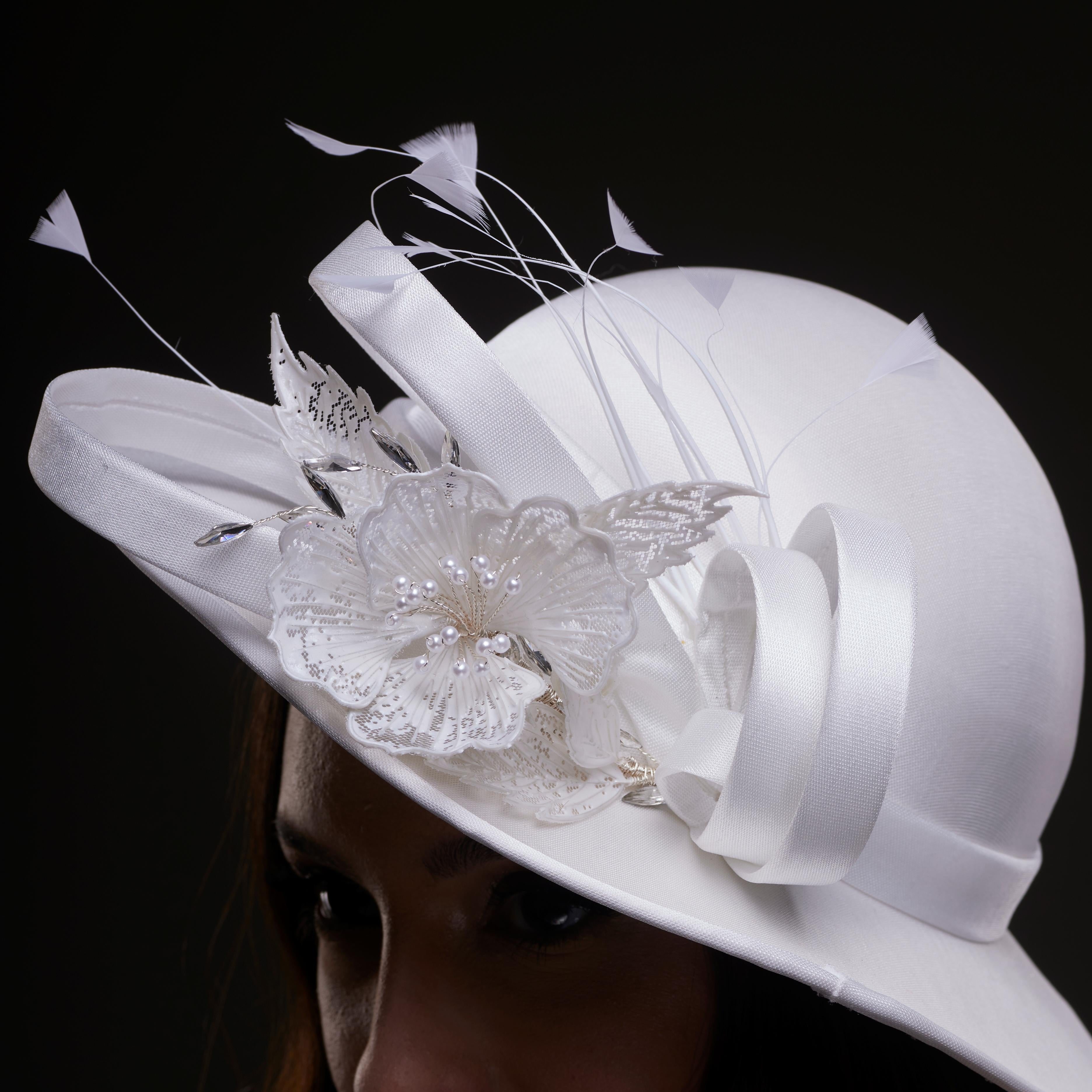 White Bridal Hat with Flower and Ribbon