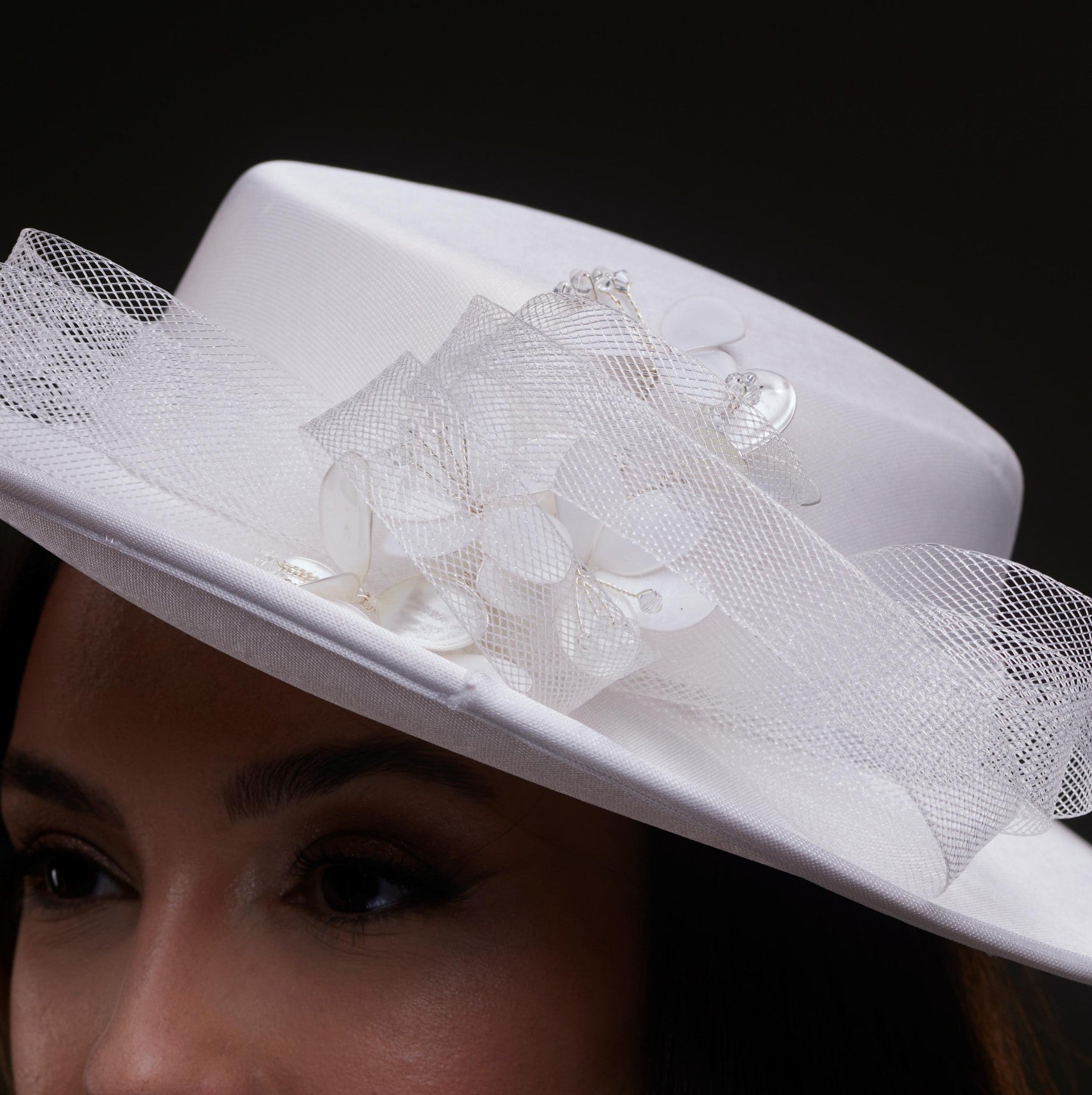 White Bridal Hat with Pearls and Flowers
