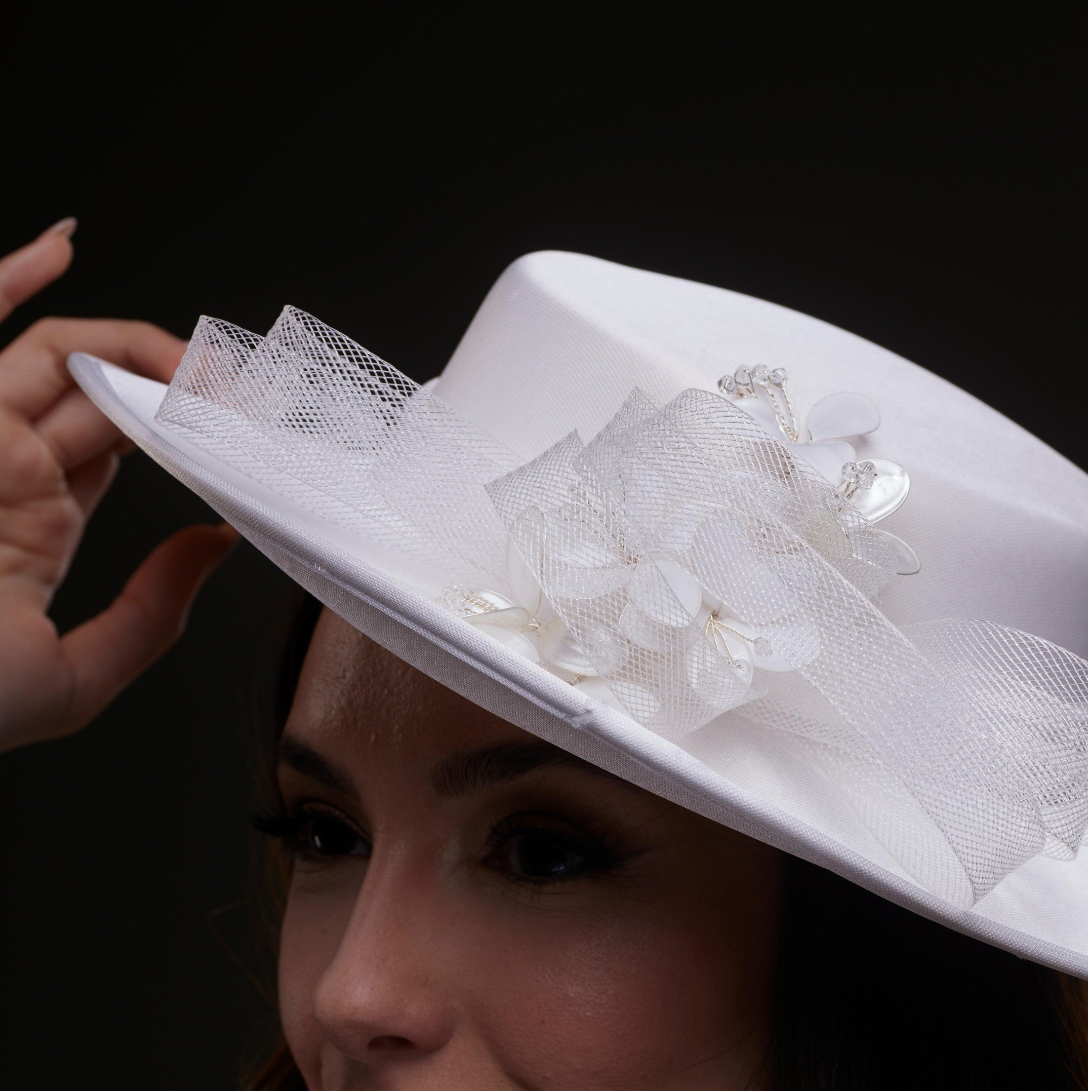 White Bridal Hat with Pearls and Flowers