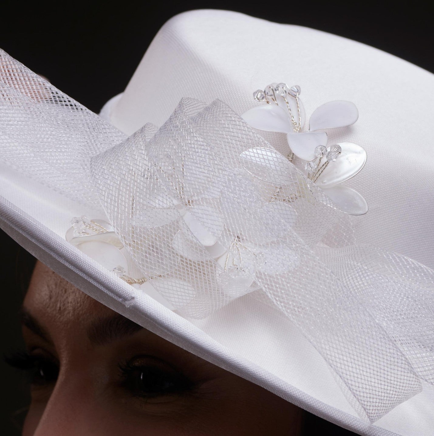 White Bridal Hat with Pearls and Flowers