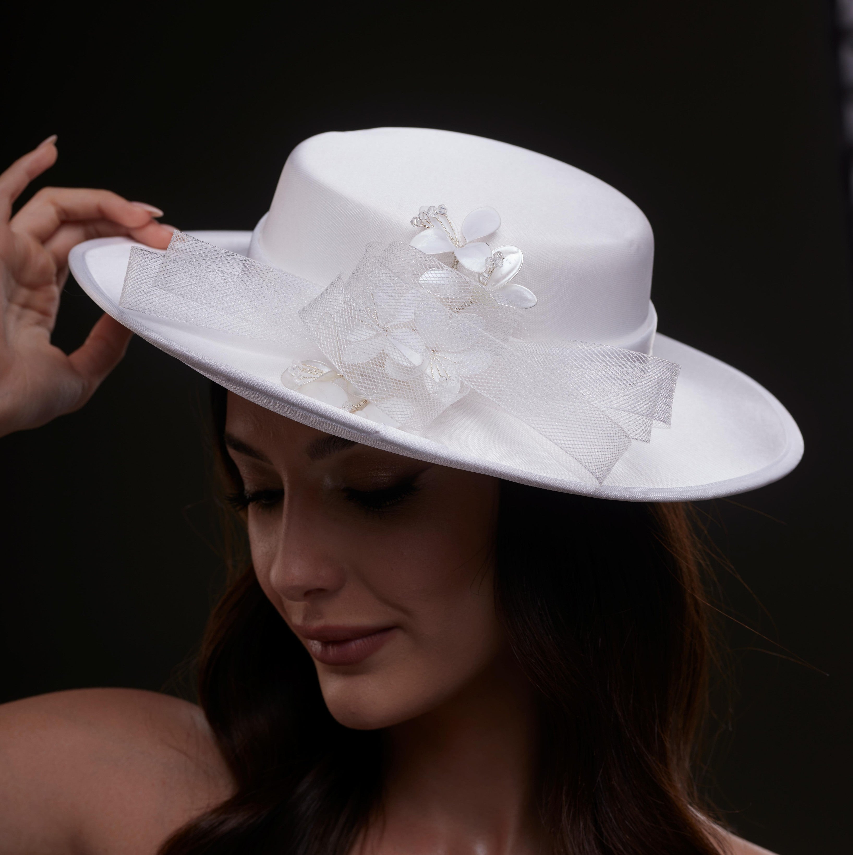 White Bridal Hat with Pearls and Flowers