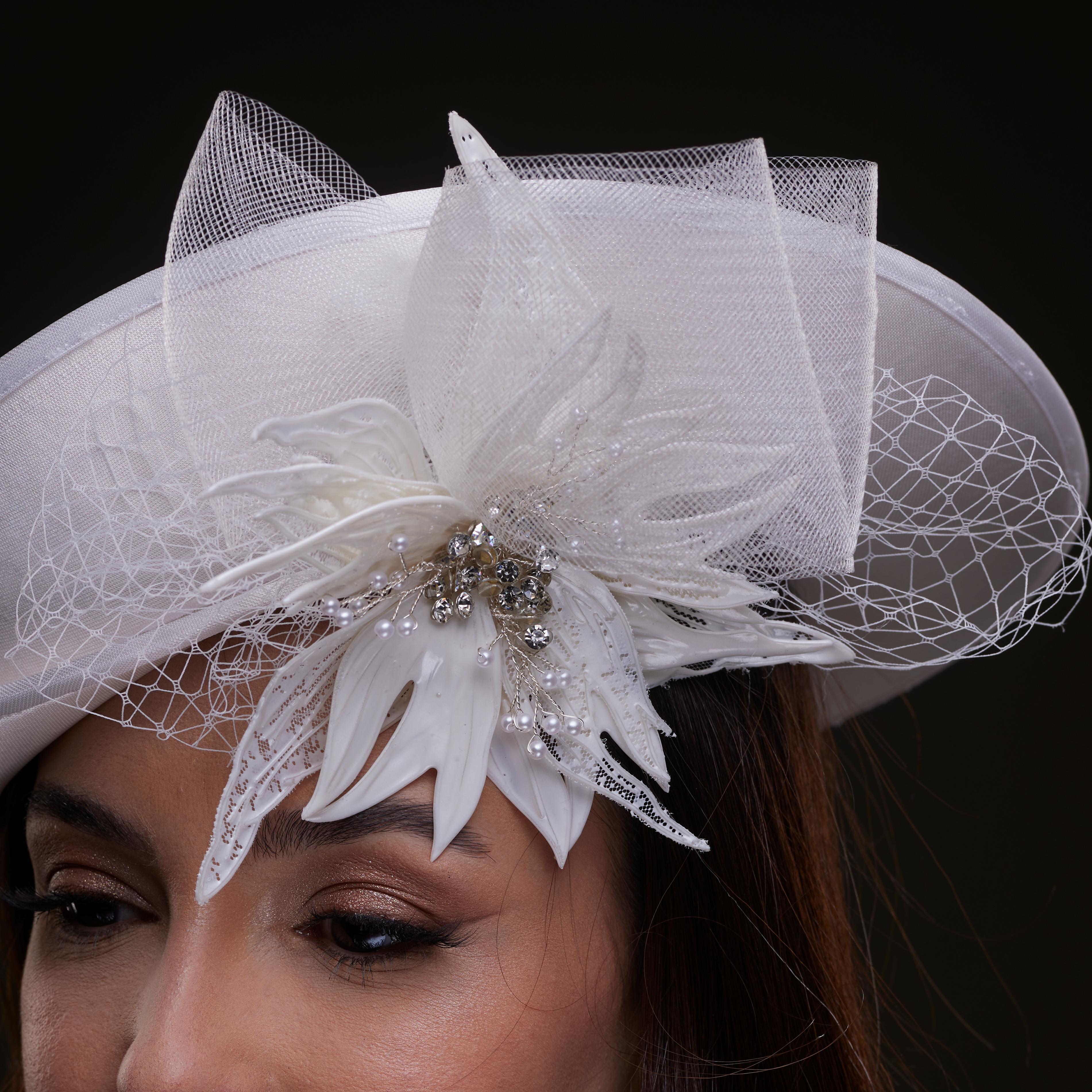 White Bridal Hat with Sculpted Flower