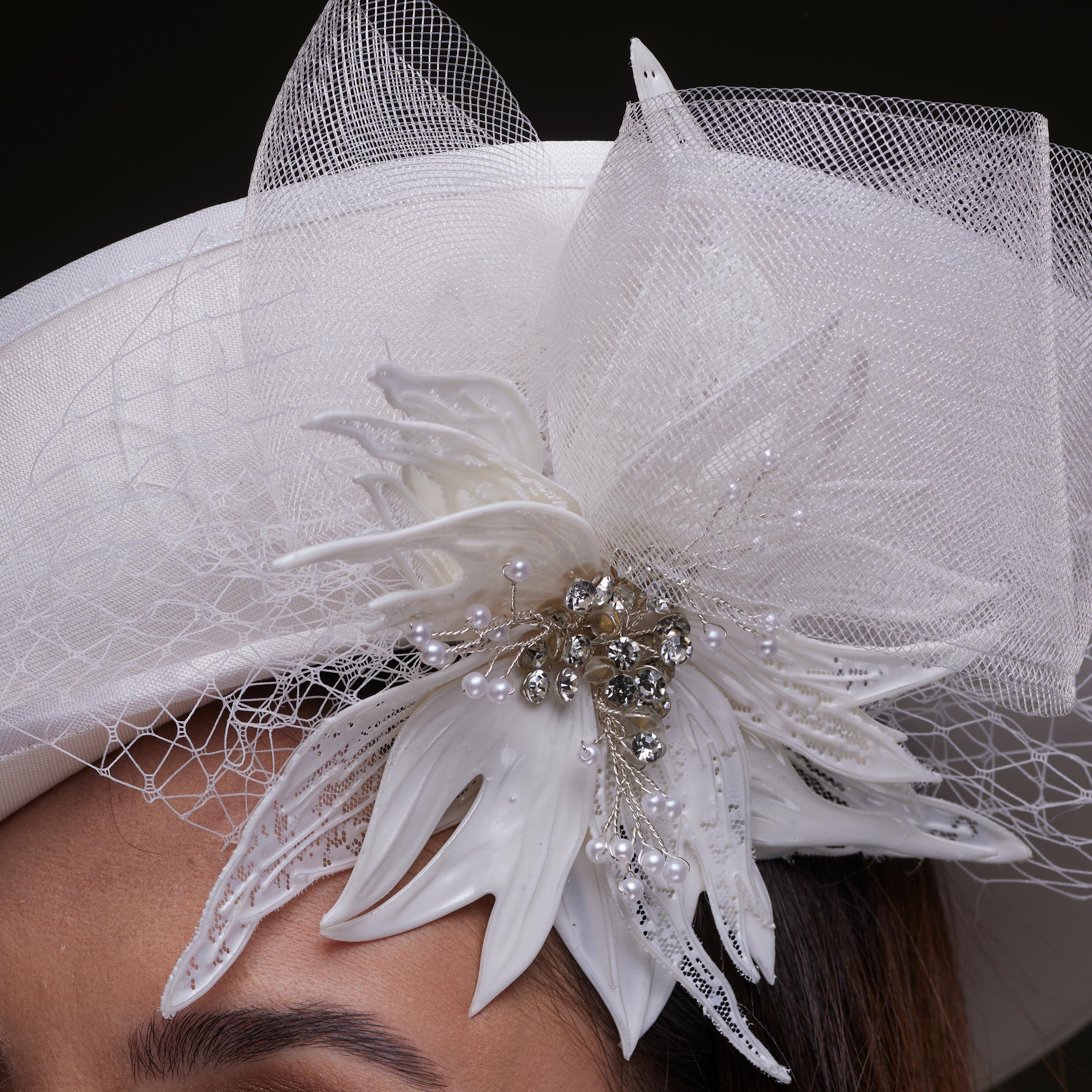 White Bridal Hat with Sculpted Flower
