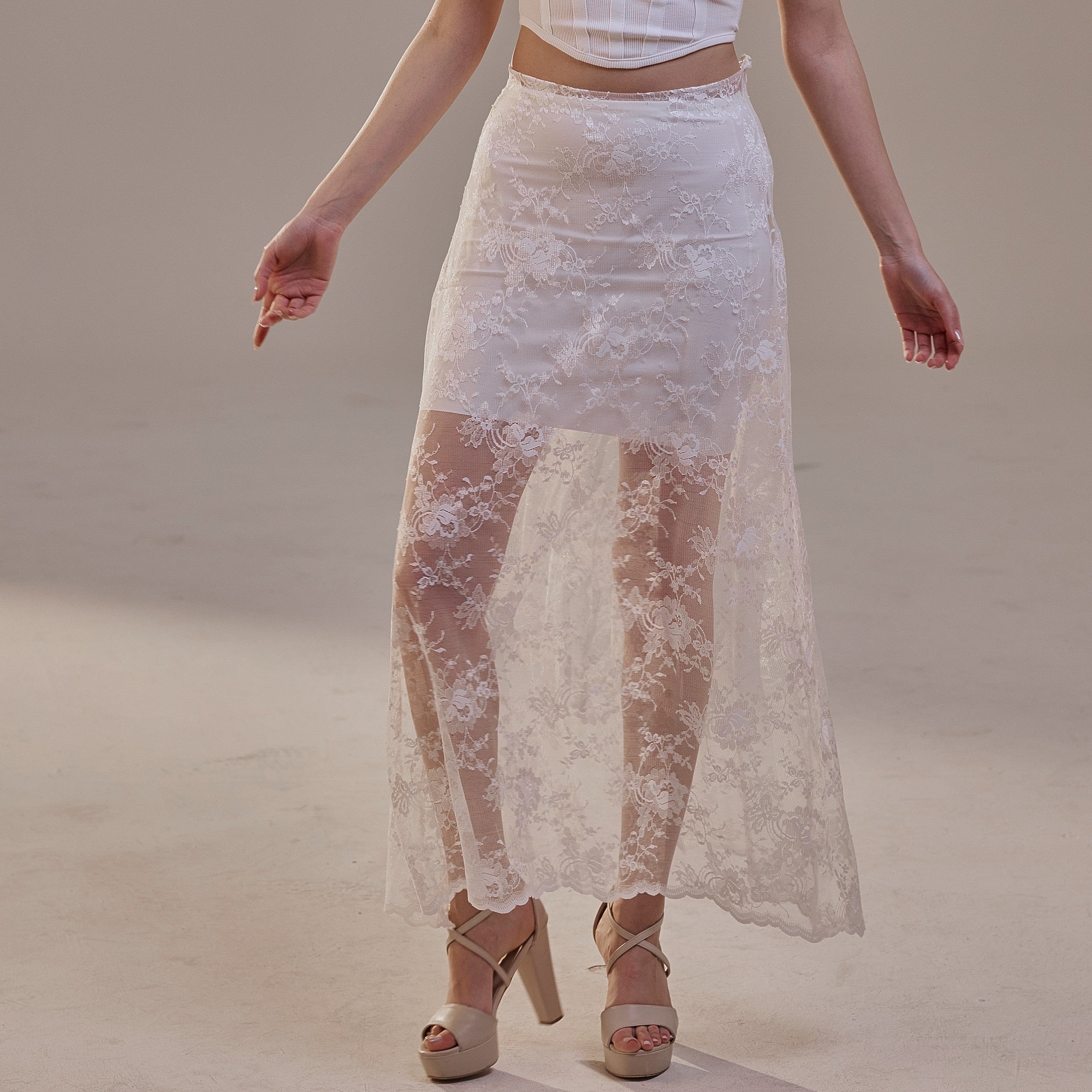 White Lace A-Line Skirt – Long Sheer Full Skirt