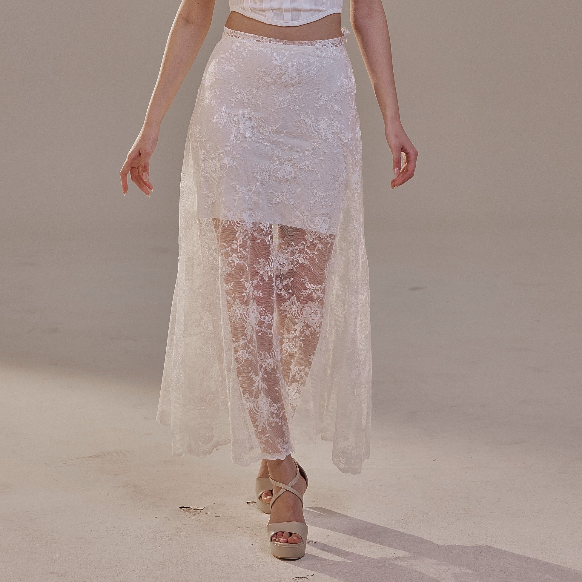 White Lace A-Line Skirt – Long Sheer Full Skirt