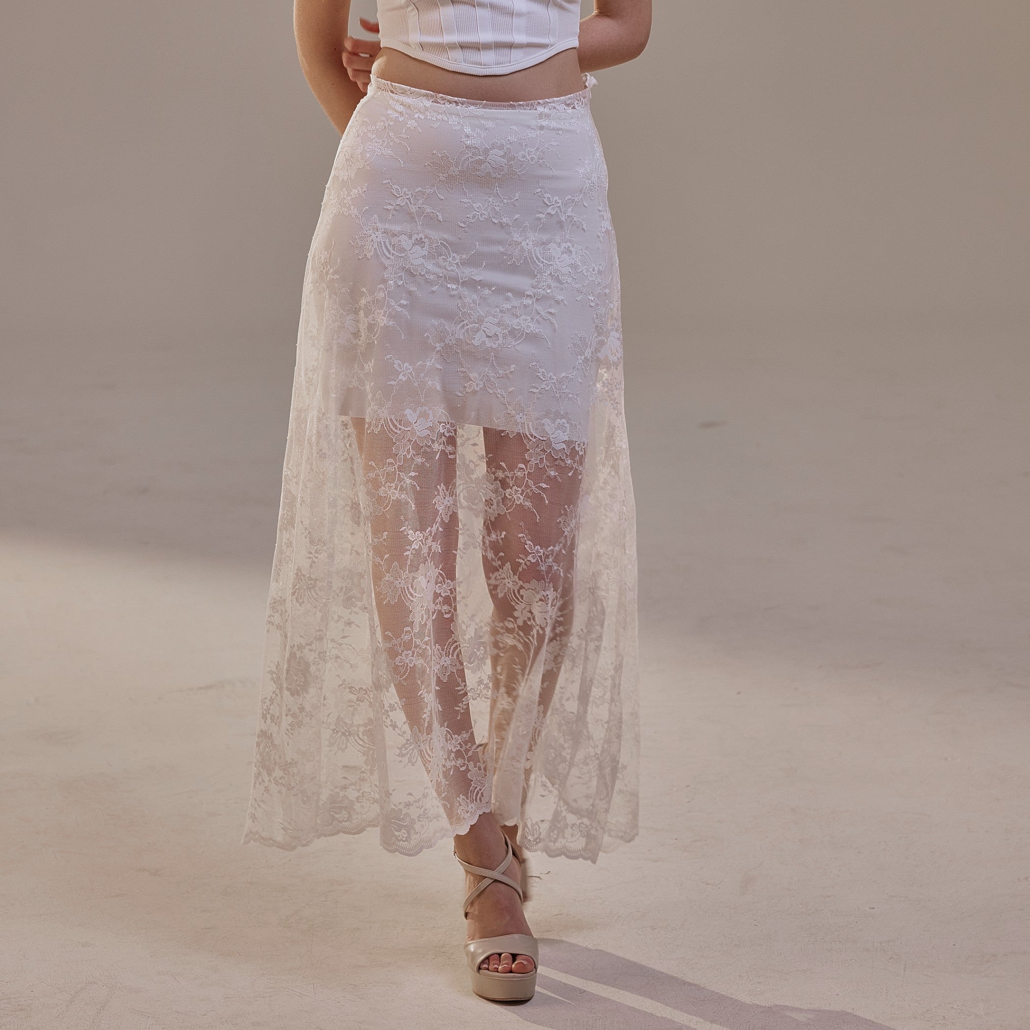 White Lace A-Line Skirt – Long Sheer Full Skirt