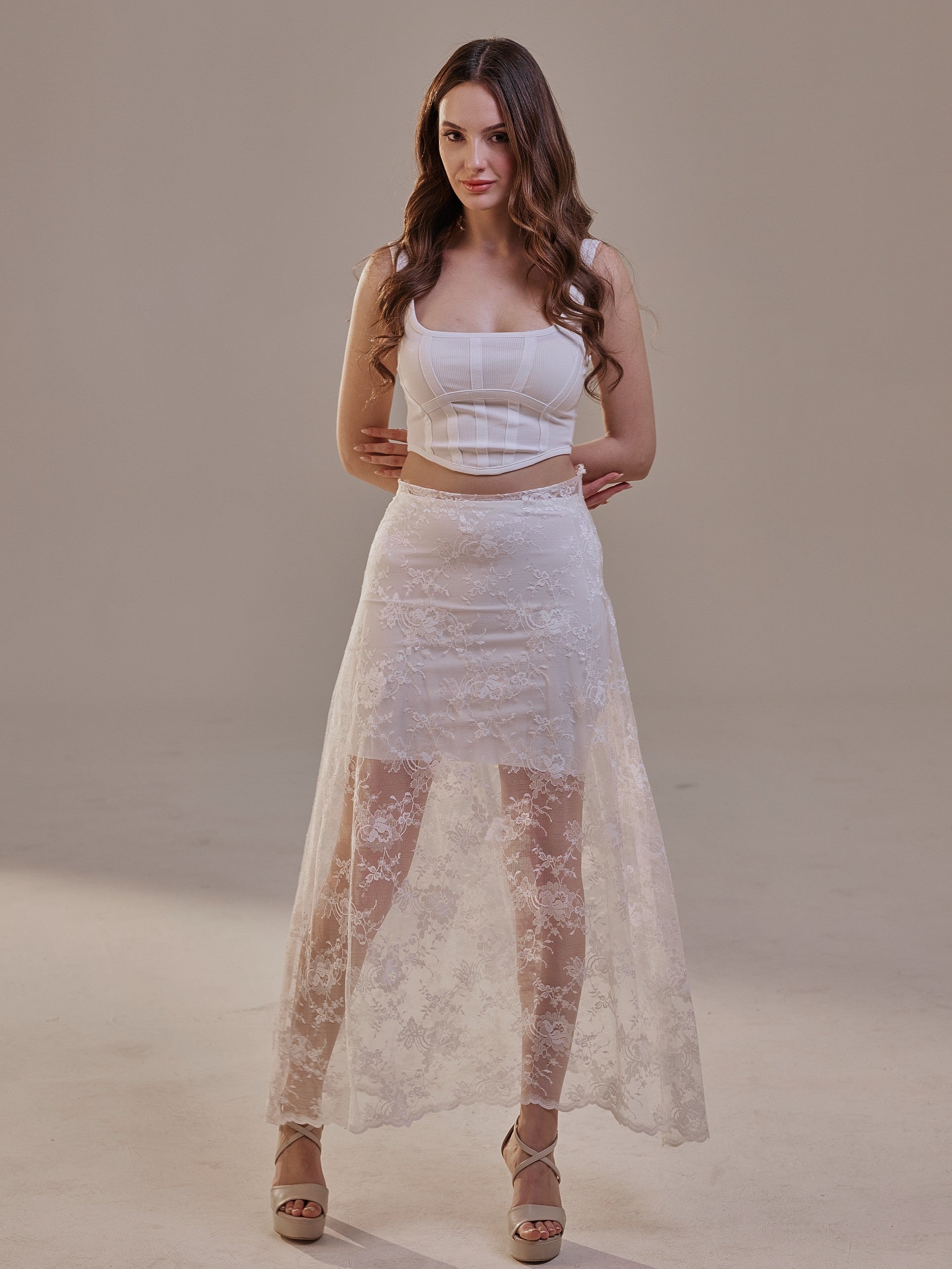 White Lace A-Line Skirt Long Sheer Full Skirt White Lace A-Line Skirt Long Sheer Full Skirt