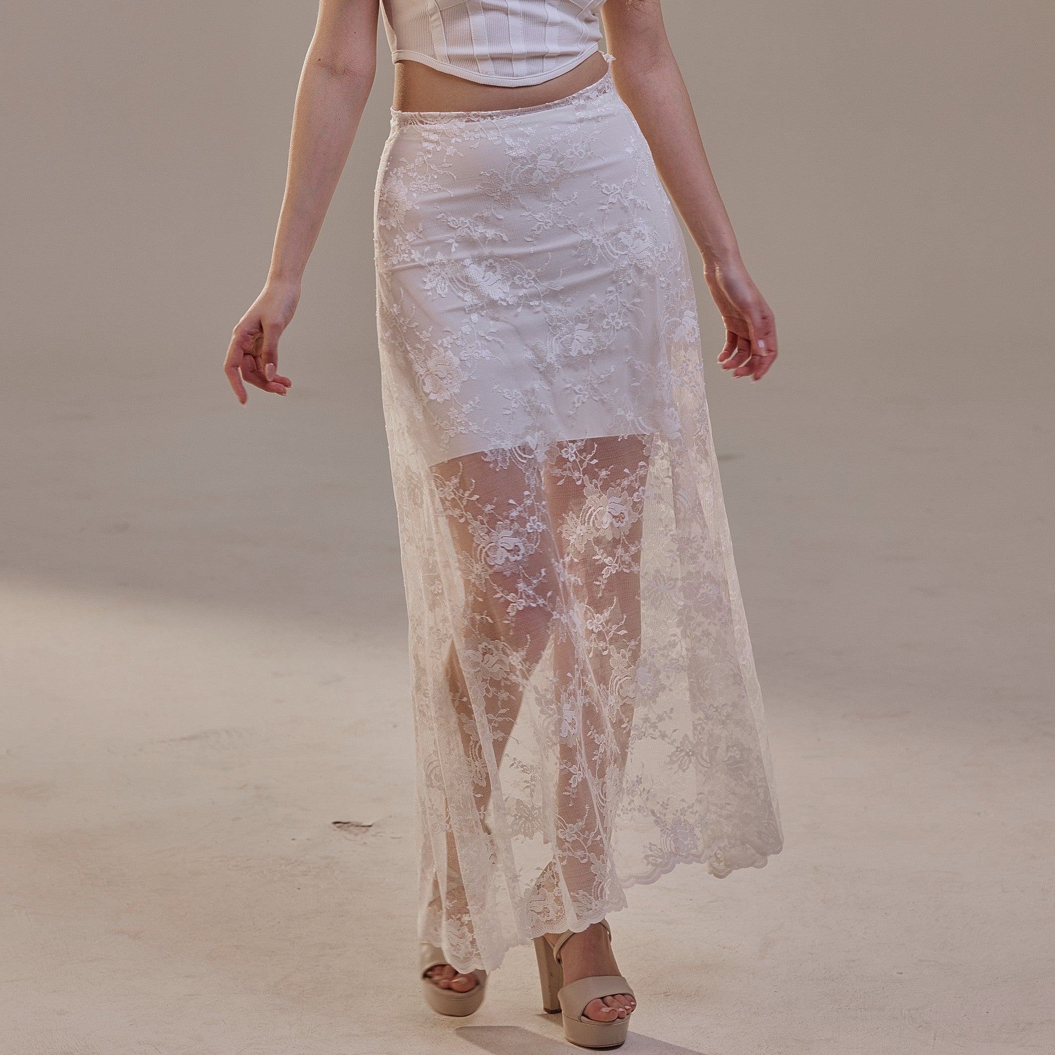 White Lace A-Line Skirt – Long Sheer Full Skirt