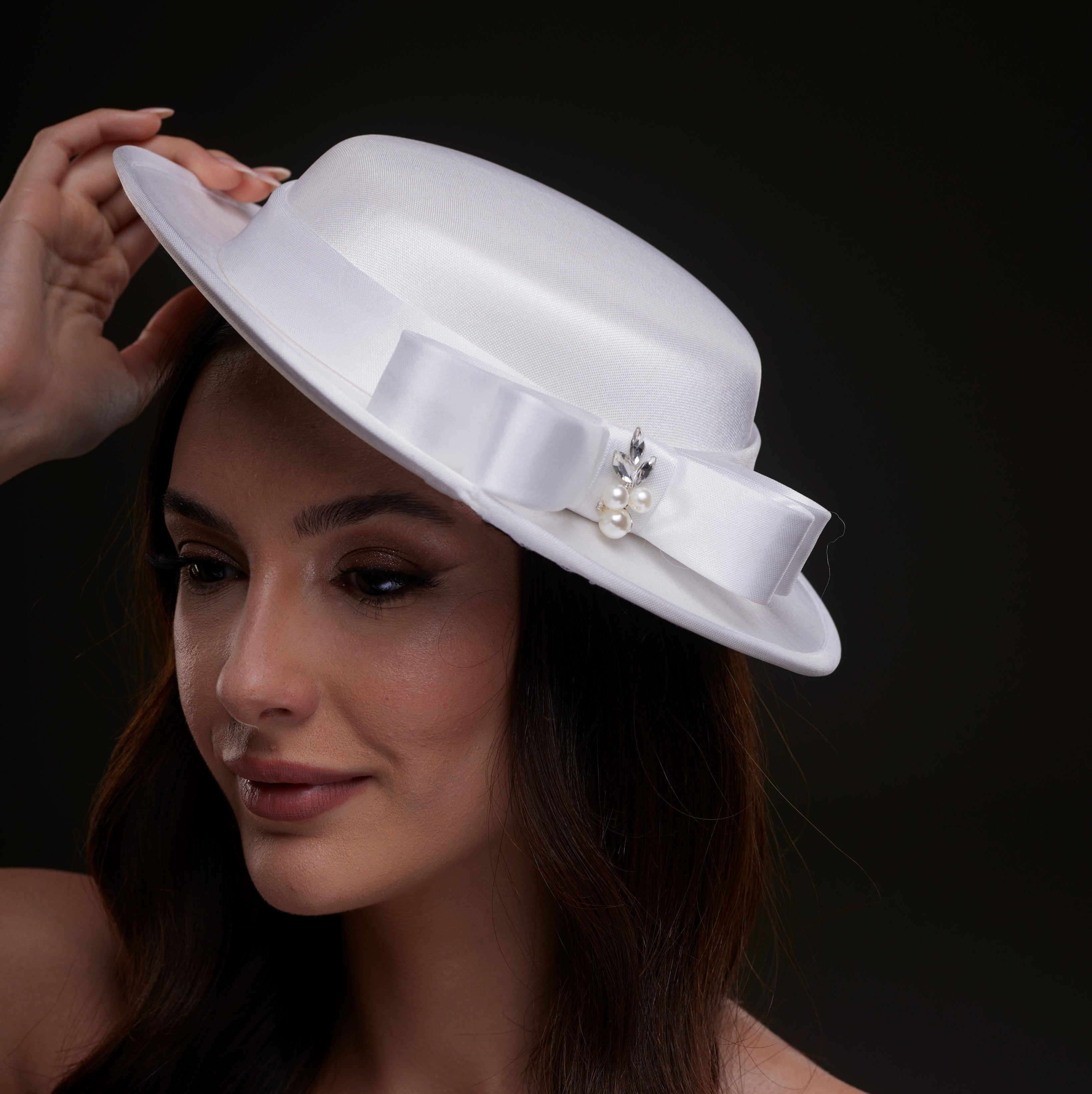 White Satin Hat with Bow and Pearls