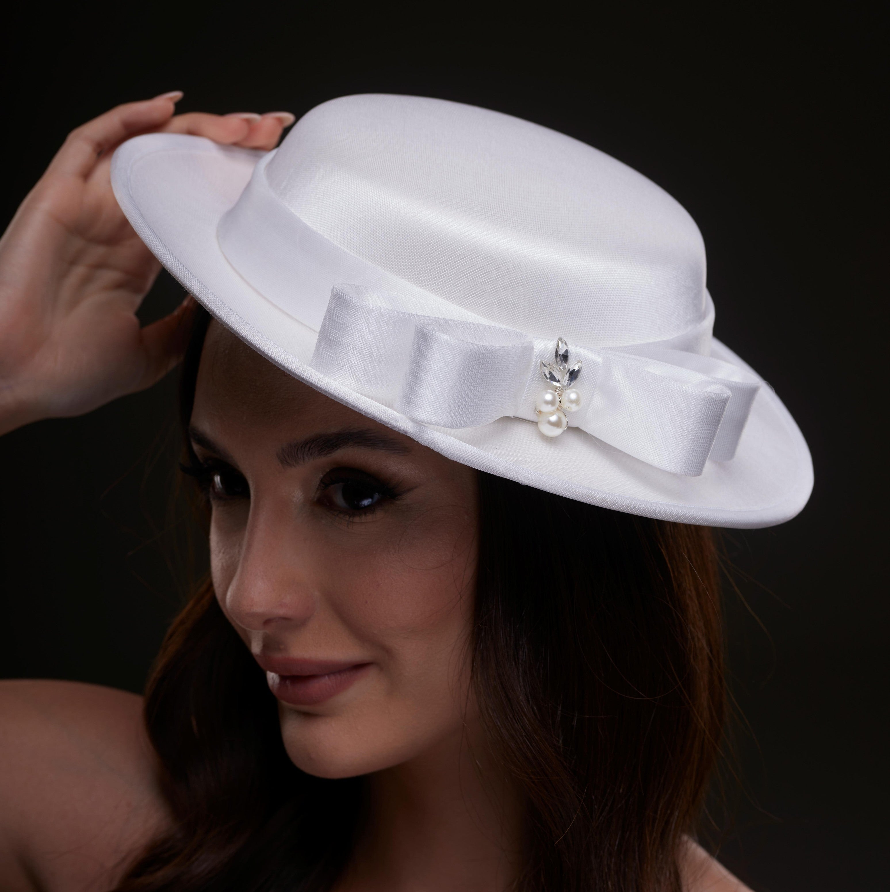 White Satin Hat with Bow and Pearls