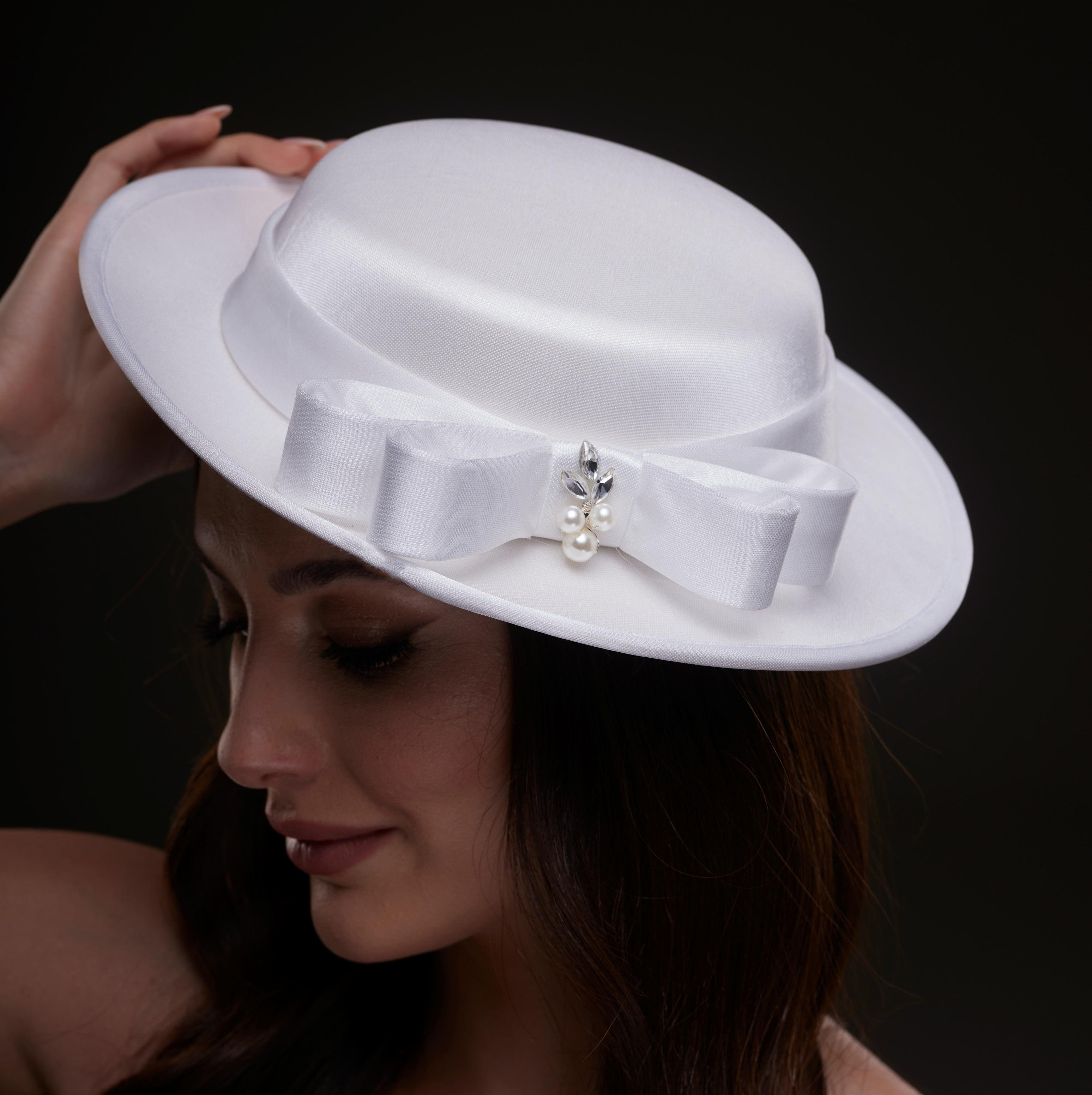 White Satin Hat with Bow and Pearls