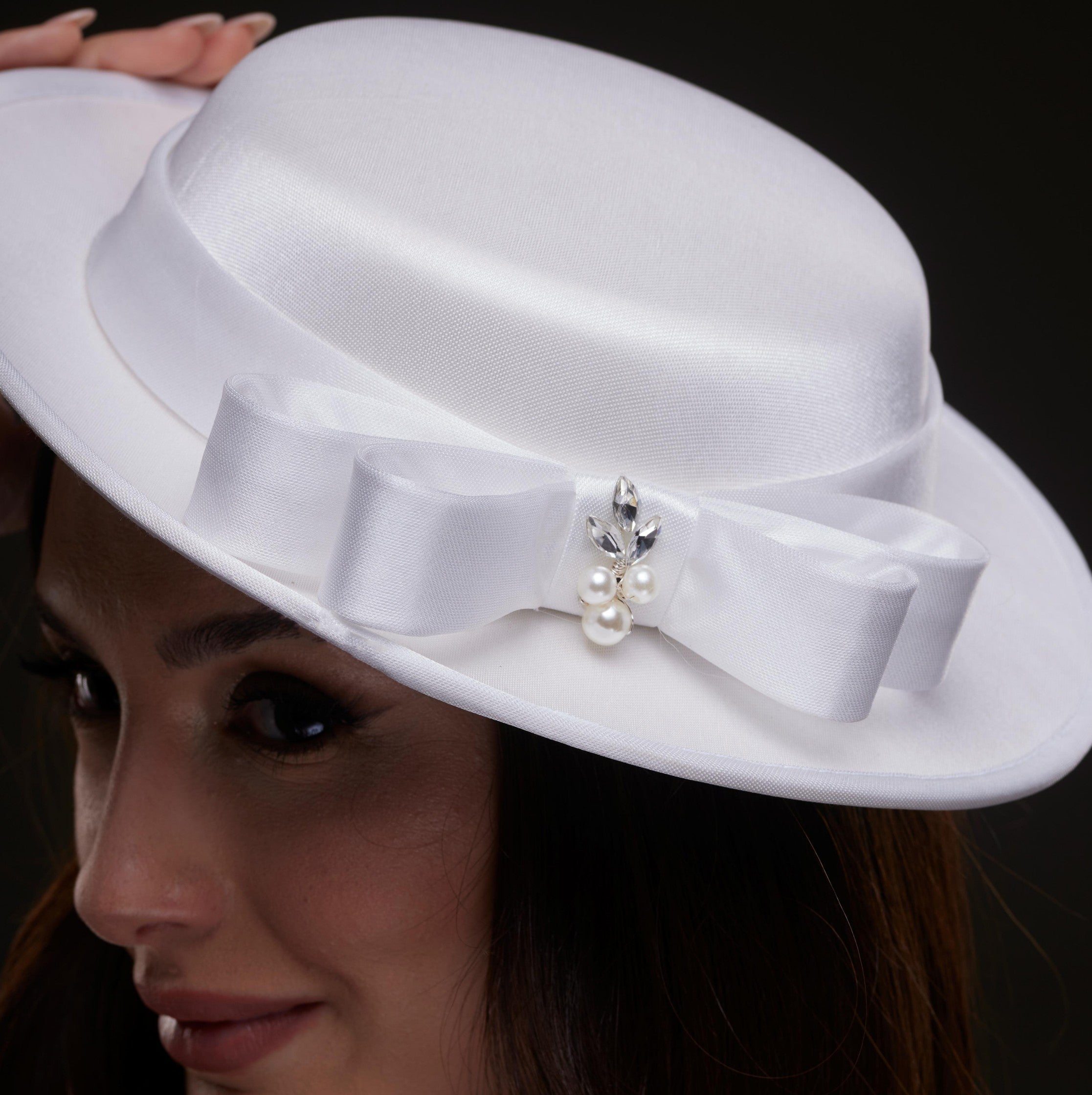 White Satin Hat with Bow and Pearls