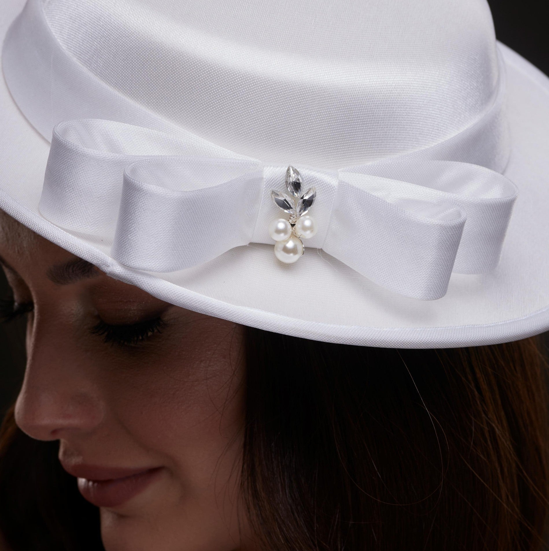 White Satin Hat with Bow and Pearls
