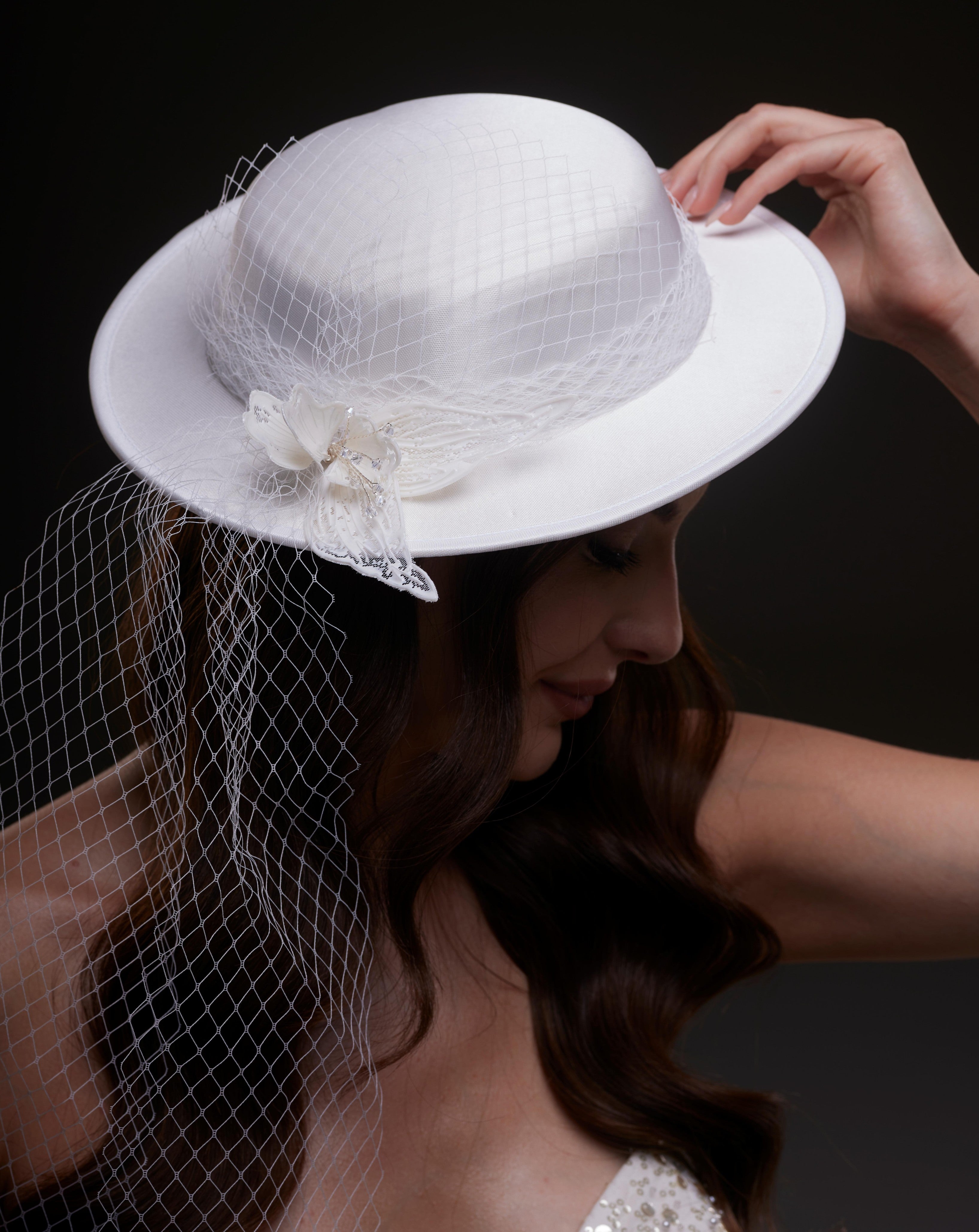 White Satin Hat with Flower and Veil Netting