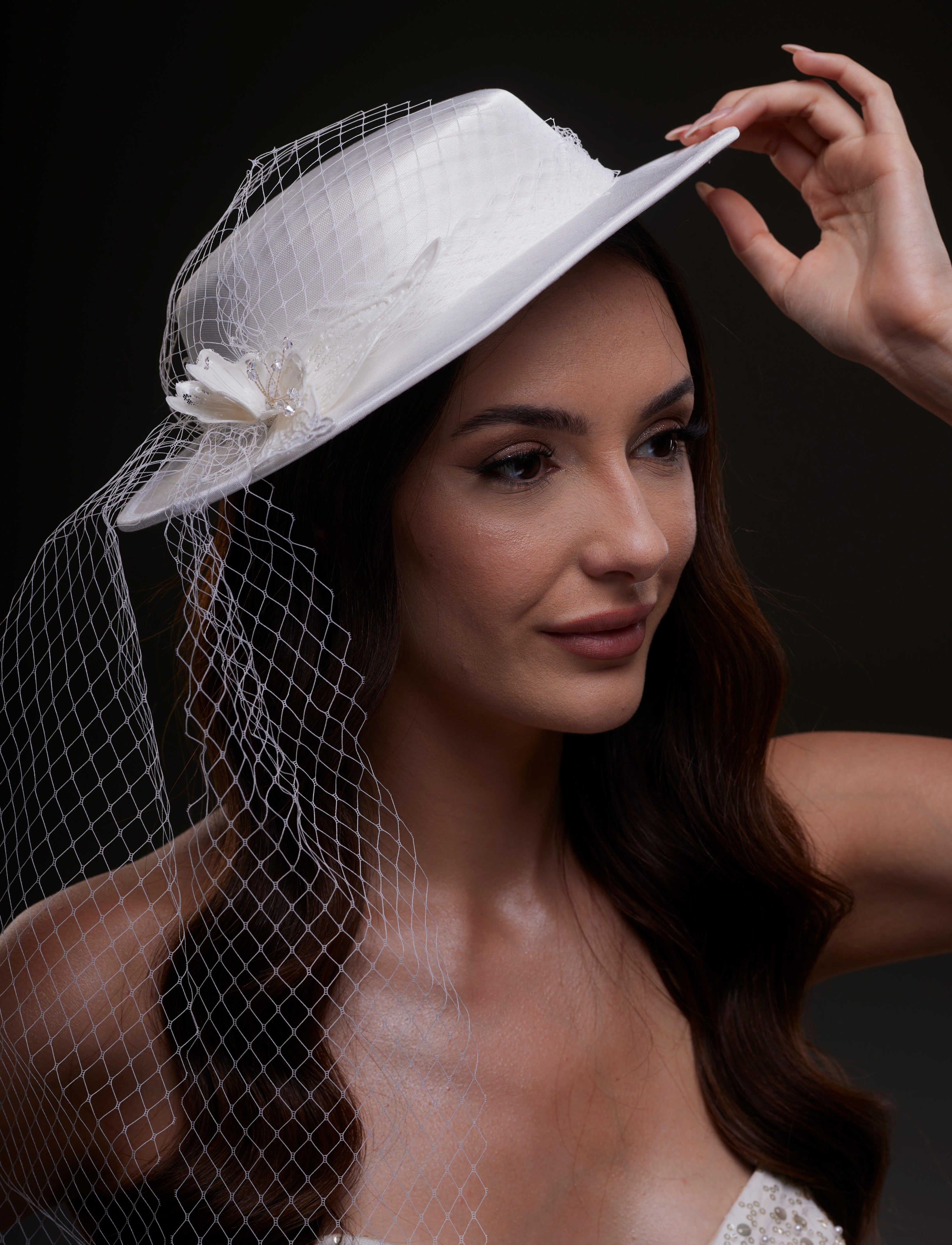 White Satin Hat with Flower and Veil Netting