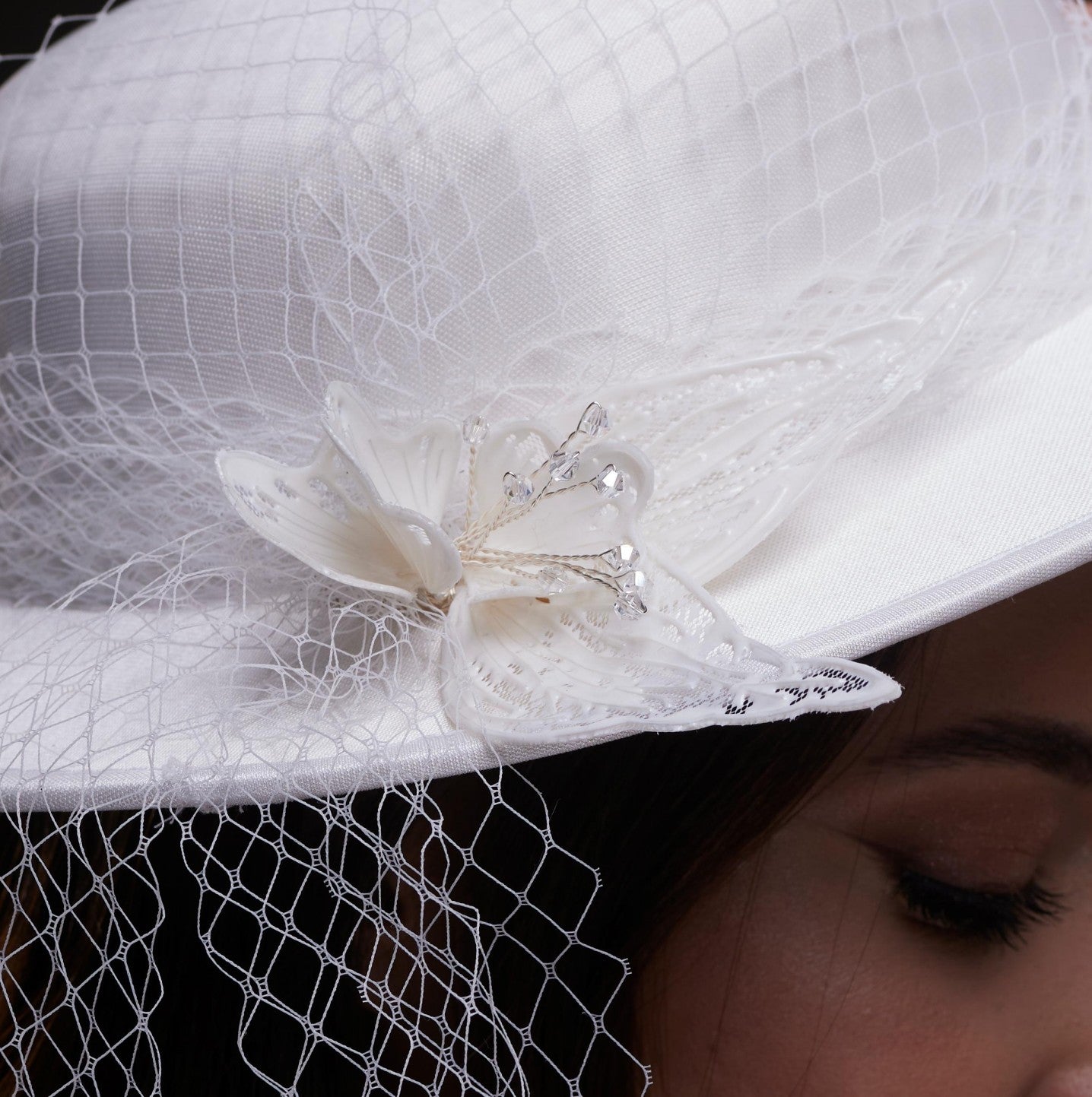 White Satin Hat with Flower and Veil Netting