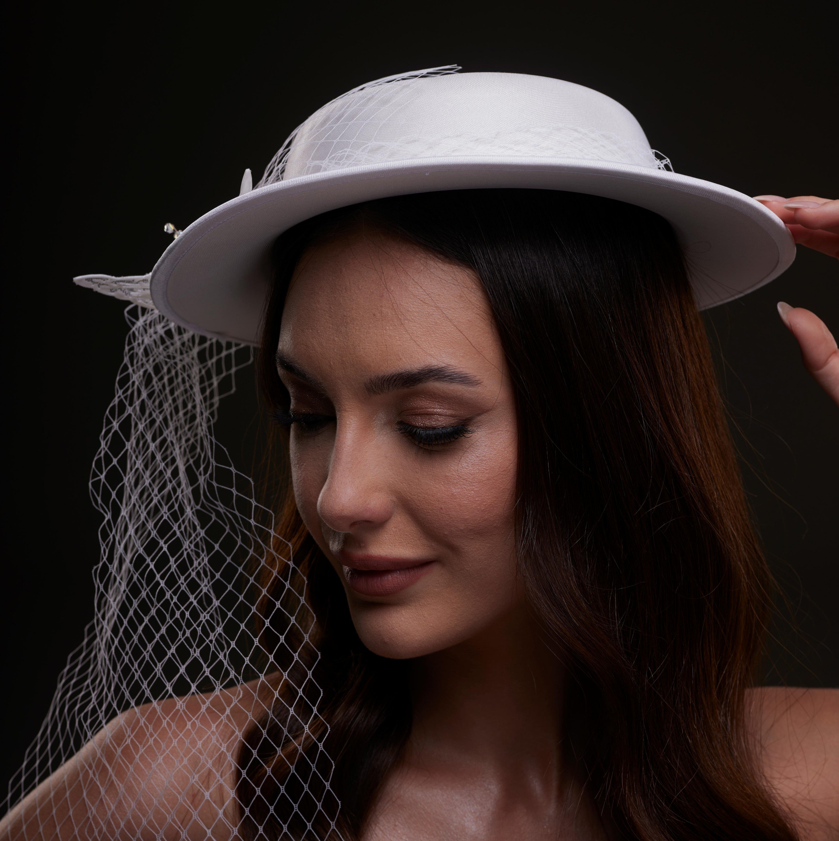 White Satin Hat with Flower and Veil Netting