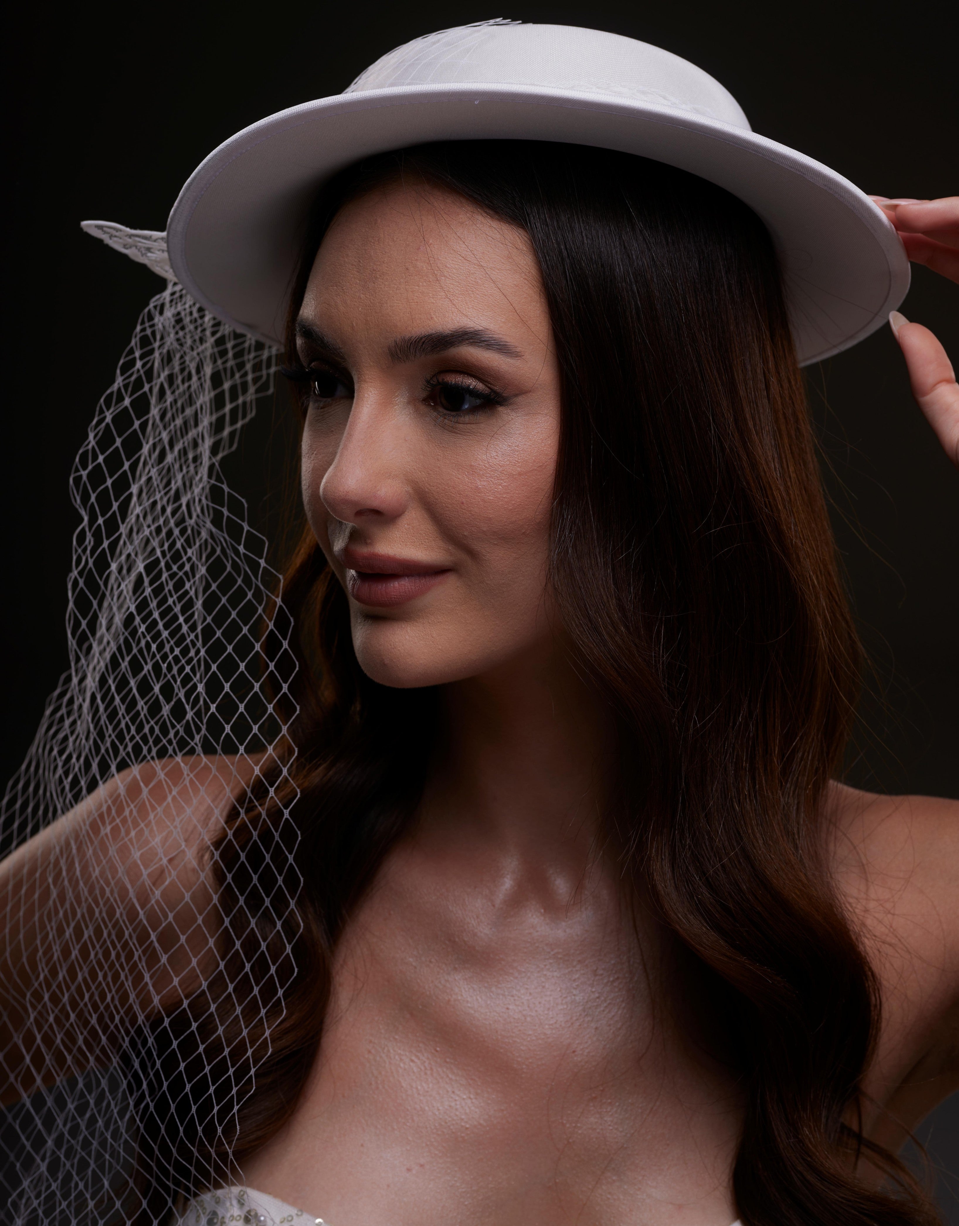 White Satin Hat with Flower and Veil Netting