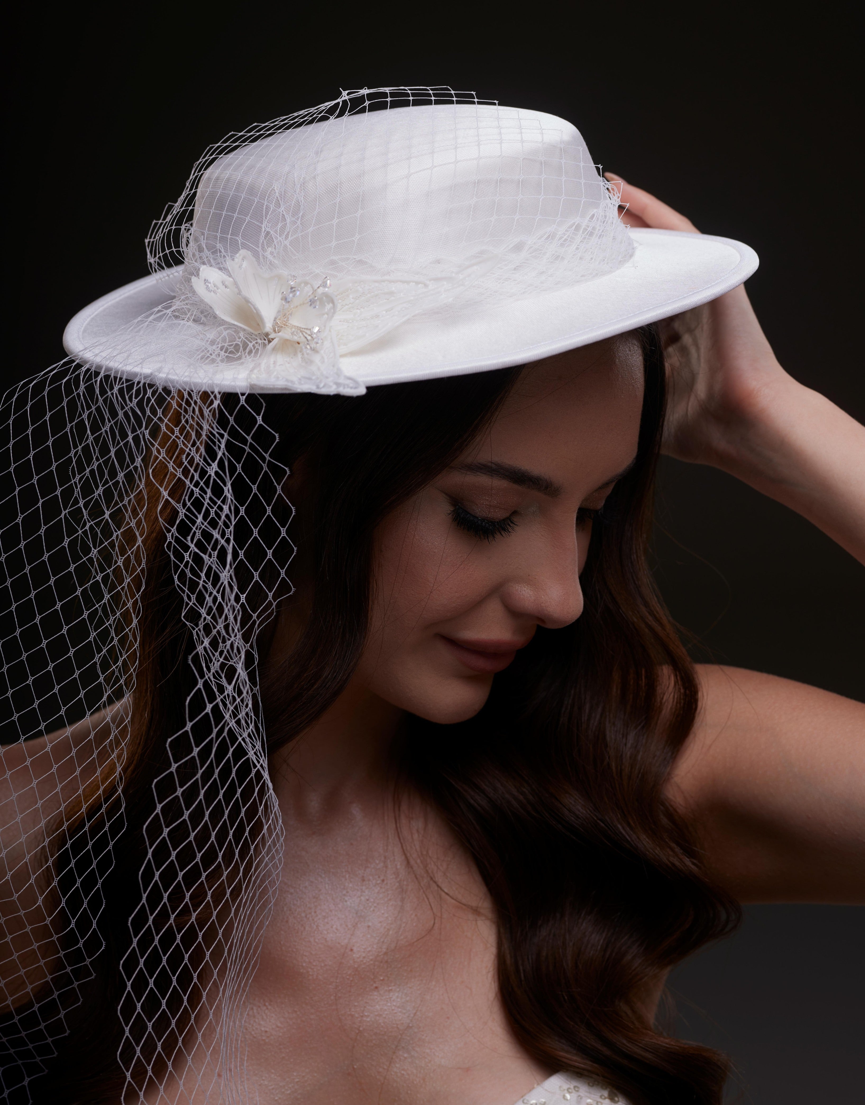 White Satin Hat with Flower and Veil Netting