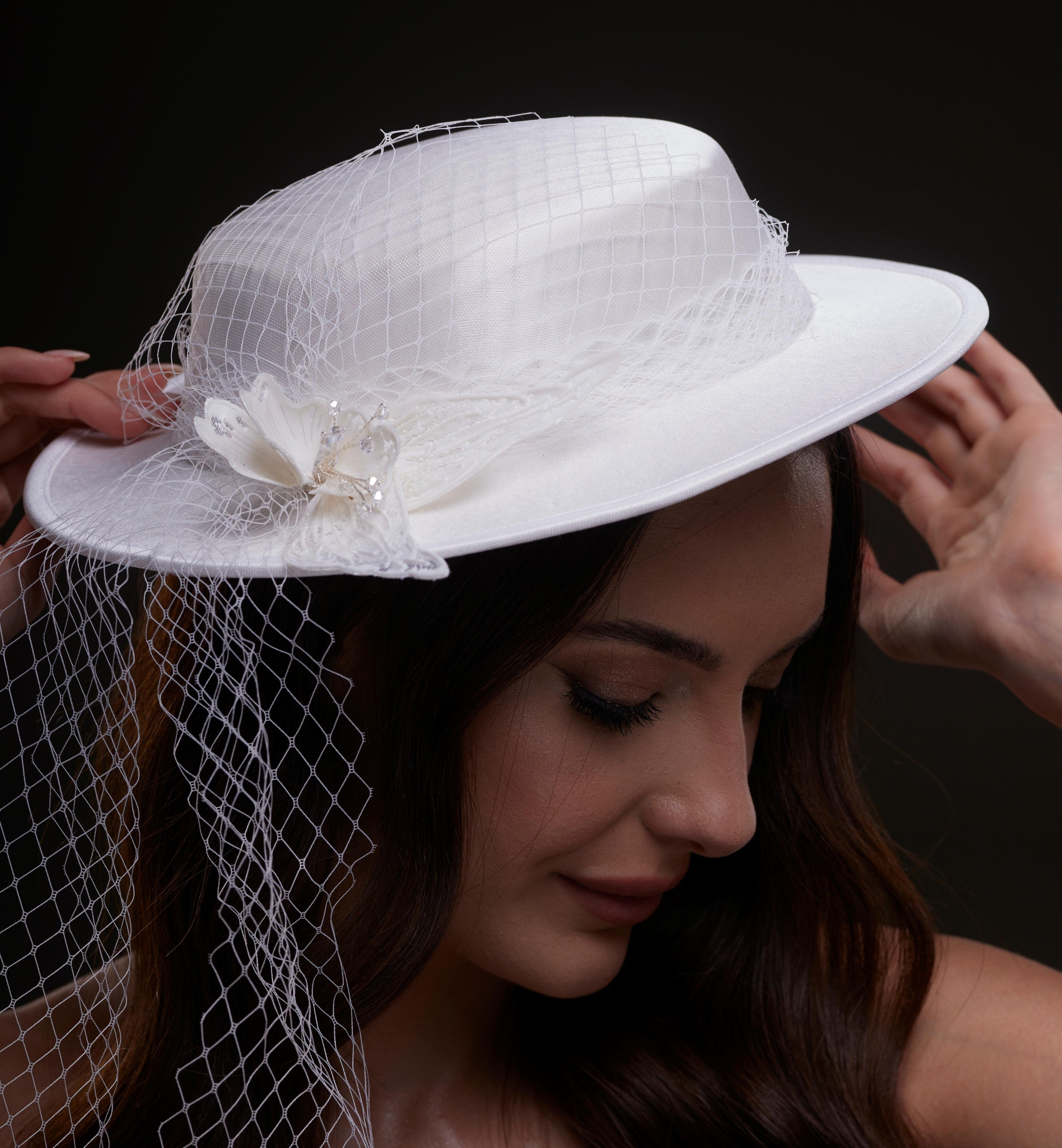 White Satin Hat with Flower and Veil Netting