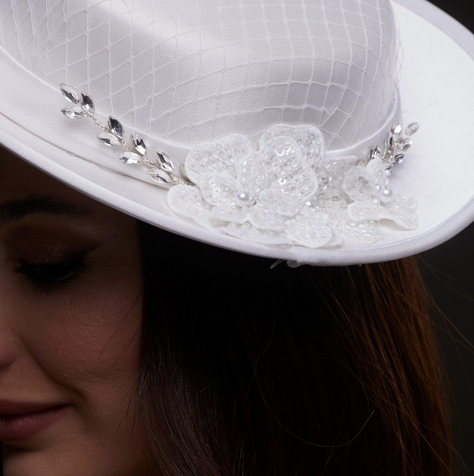 White Satin Hat with Lace Flowers & Crystal Leaves