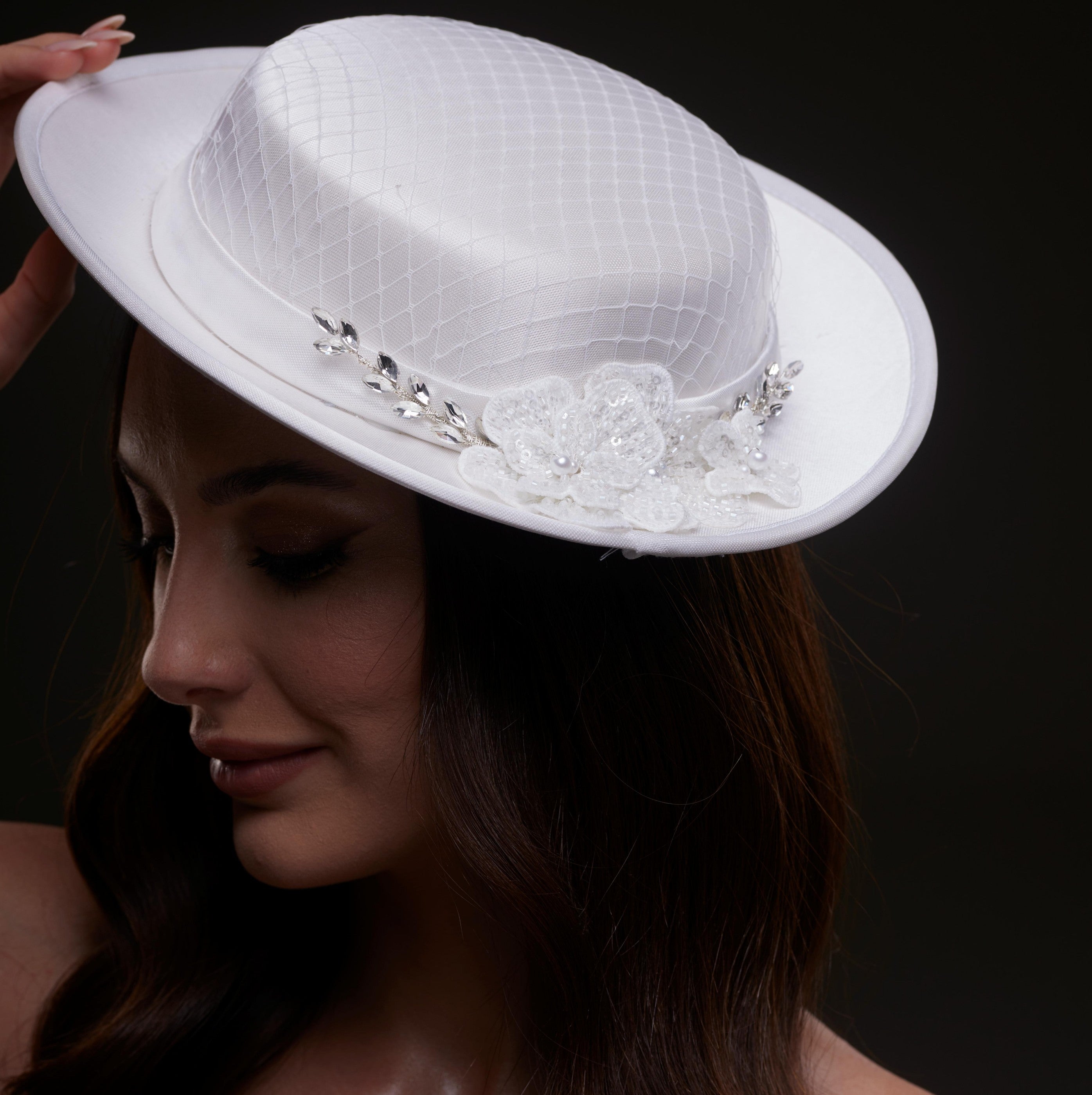 White Satin Hat with Lace Flowers & Crystal Leaves