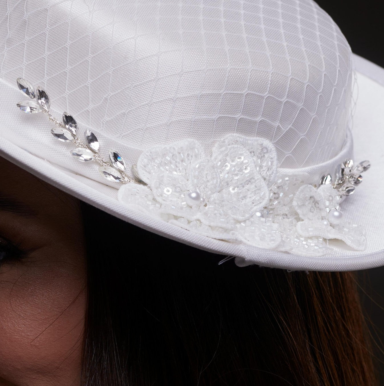 White Satin Hat with Lace Flowers & Crystal Leaves