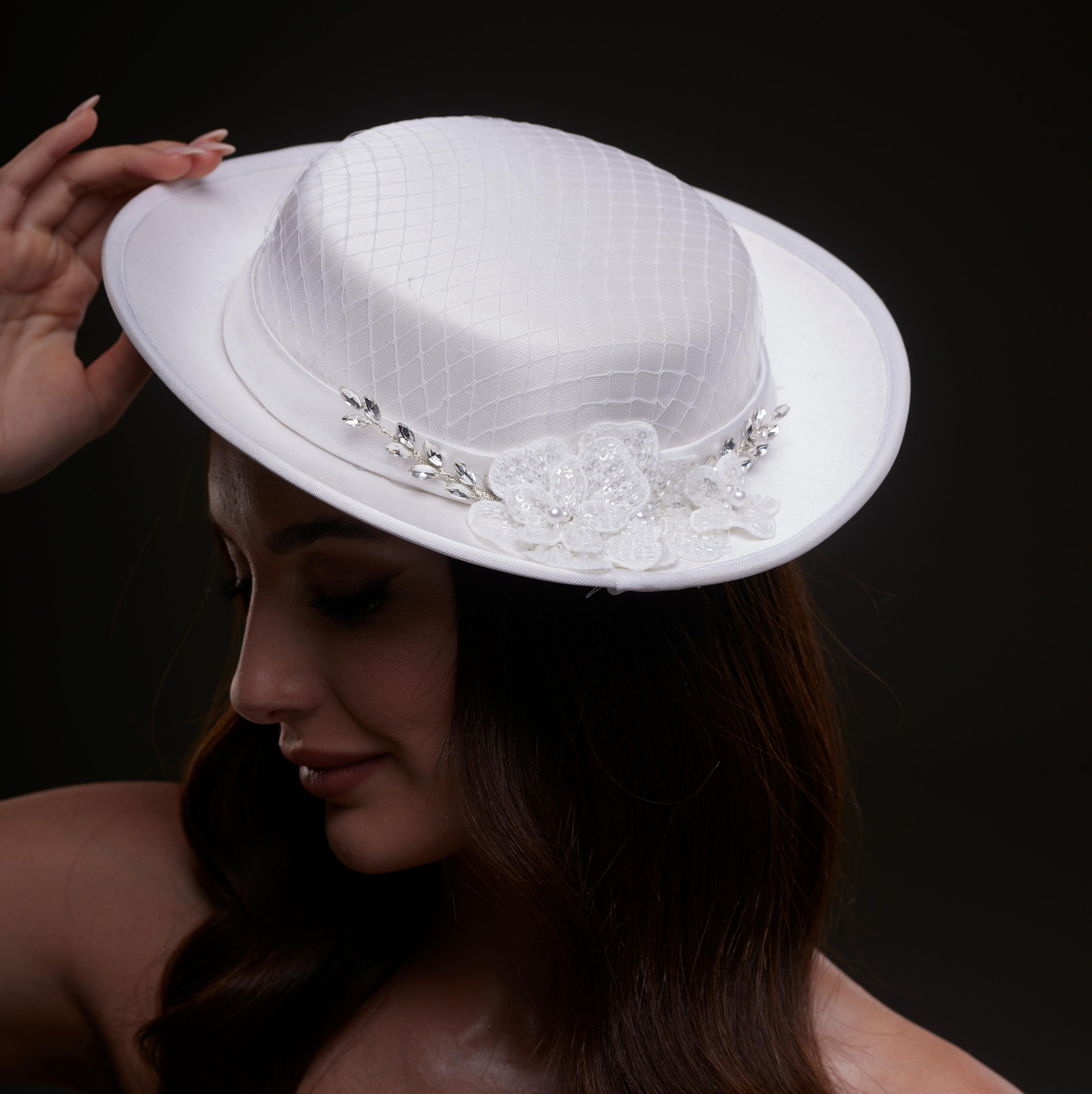 White Satin Hat with Lace Flowers & Crystal Leaves