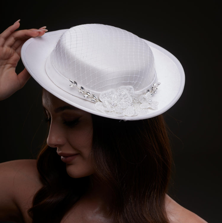 White Satin Hat with Lace Flowers & Crystal Leaves