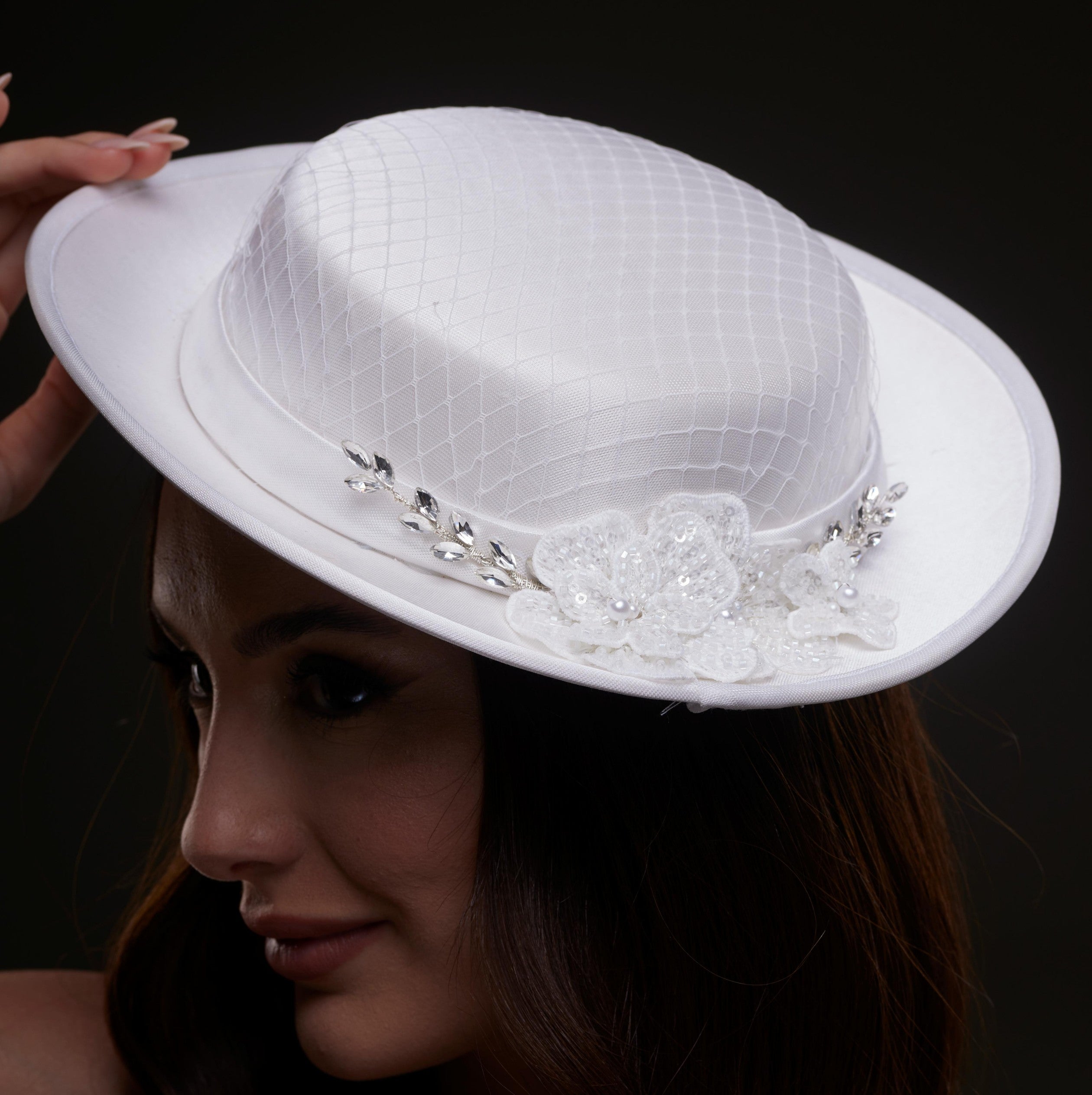 White Satin Hat with Lace Flowers & Crystal Leaves