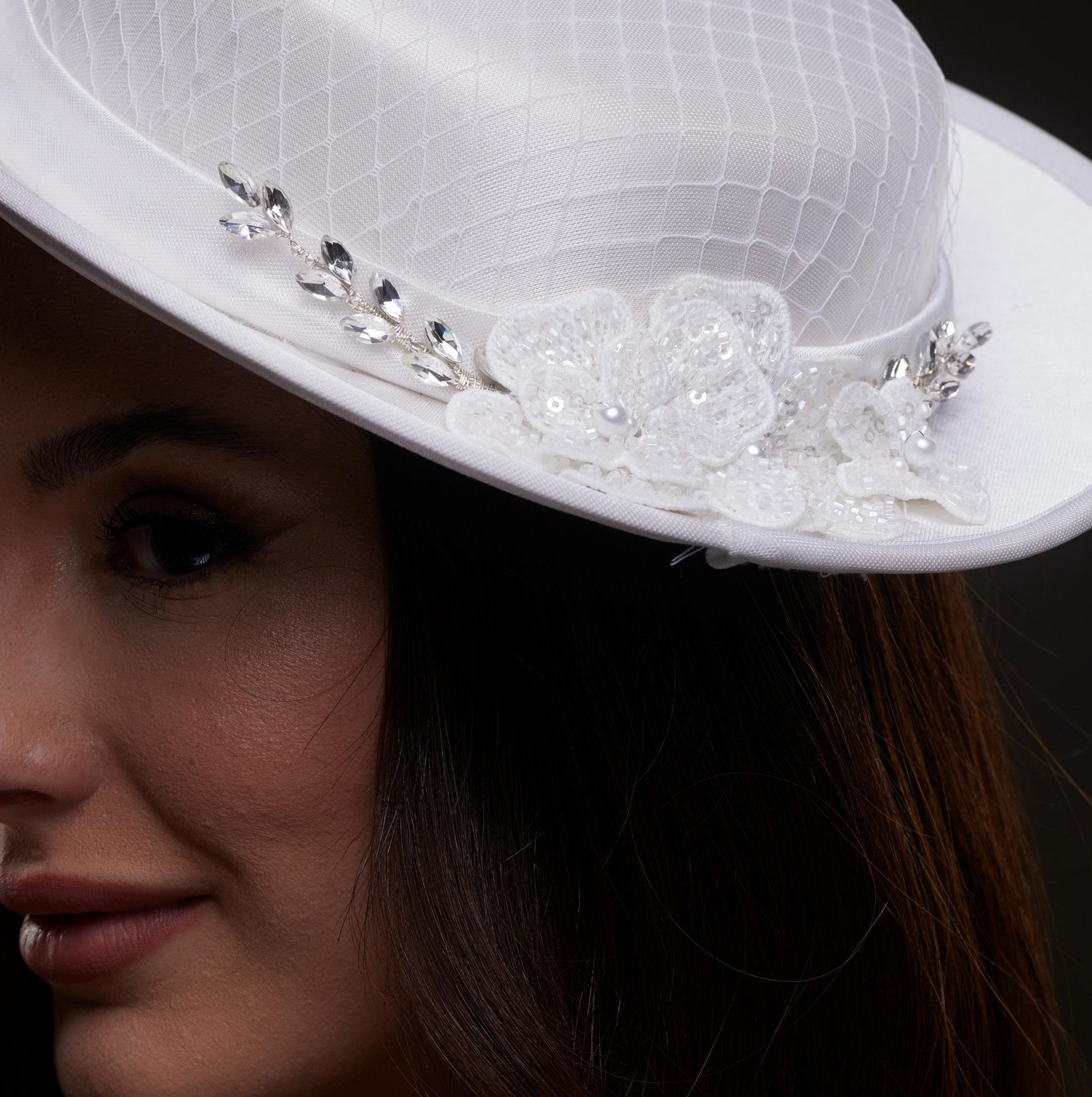 White Satin Hat with Lace Flowers & Crystal Leaves