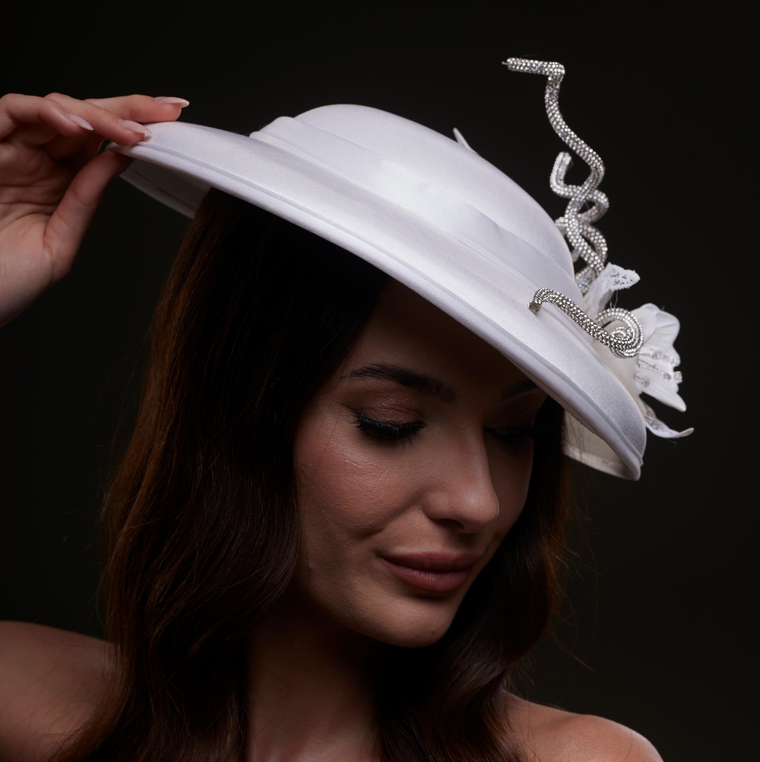 White Satin Hat with Rhinestone Vines and Tropical Flower Appliqués