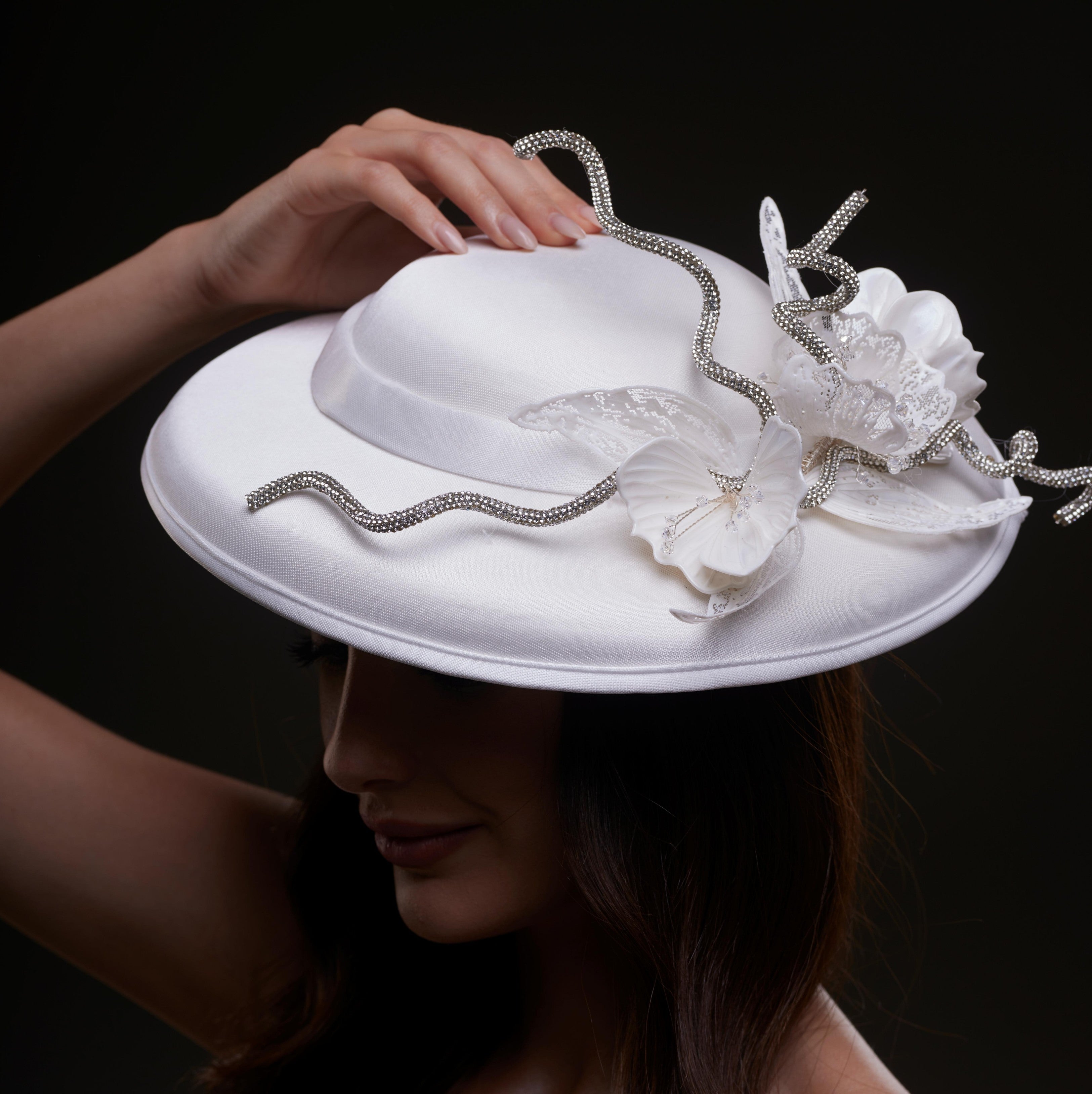 White Satin Hat with Rhinestone Vines and Tropical Flower Appliqués