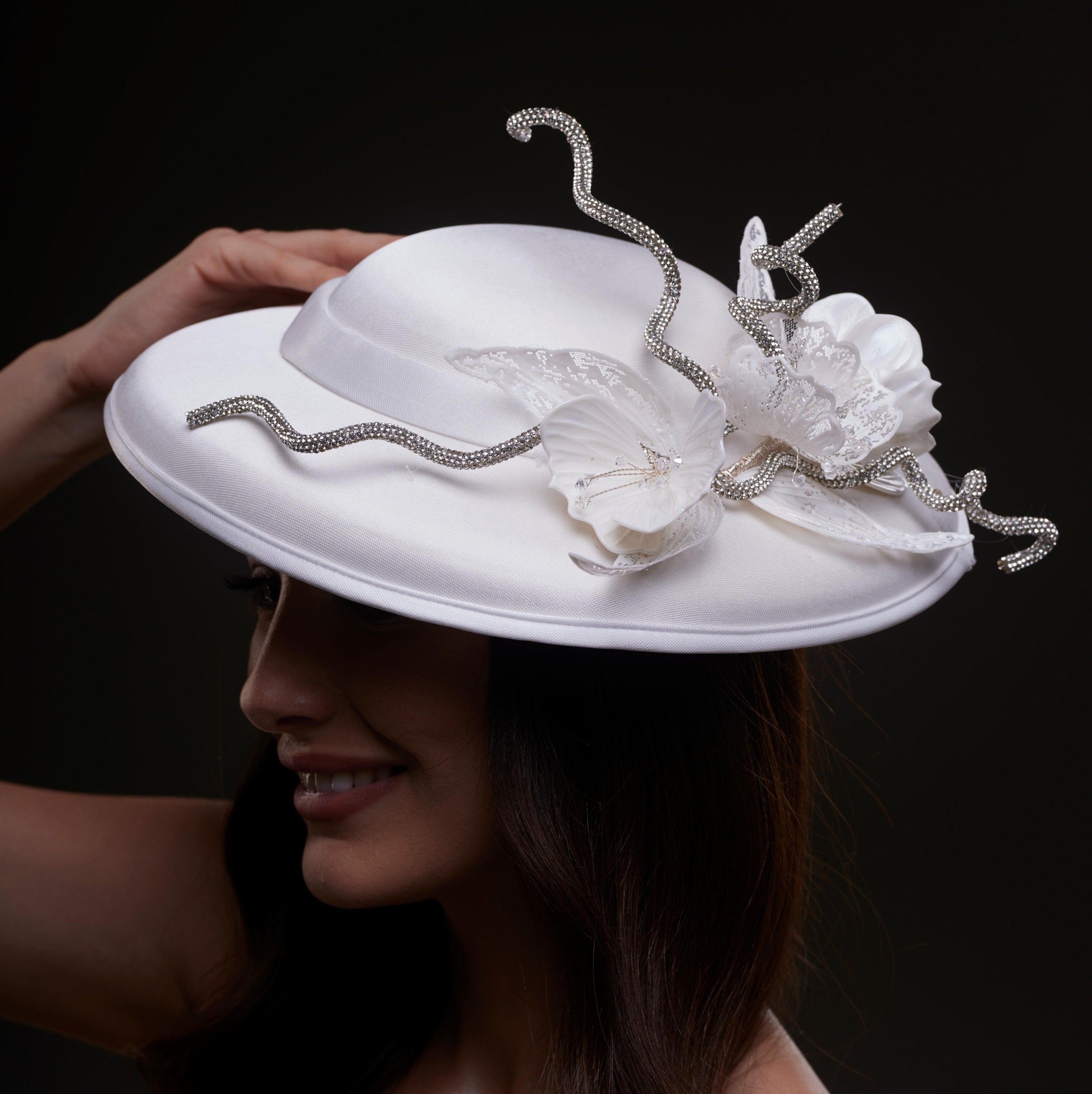 White Satin Hat with Rhinestone Vines and Tropical Flower Appliqués